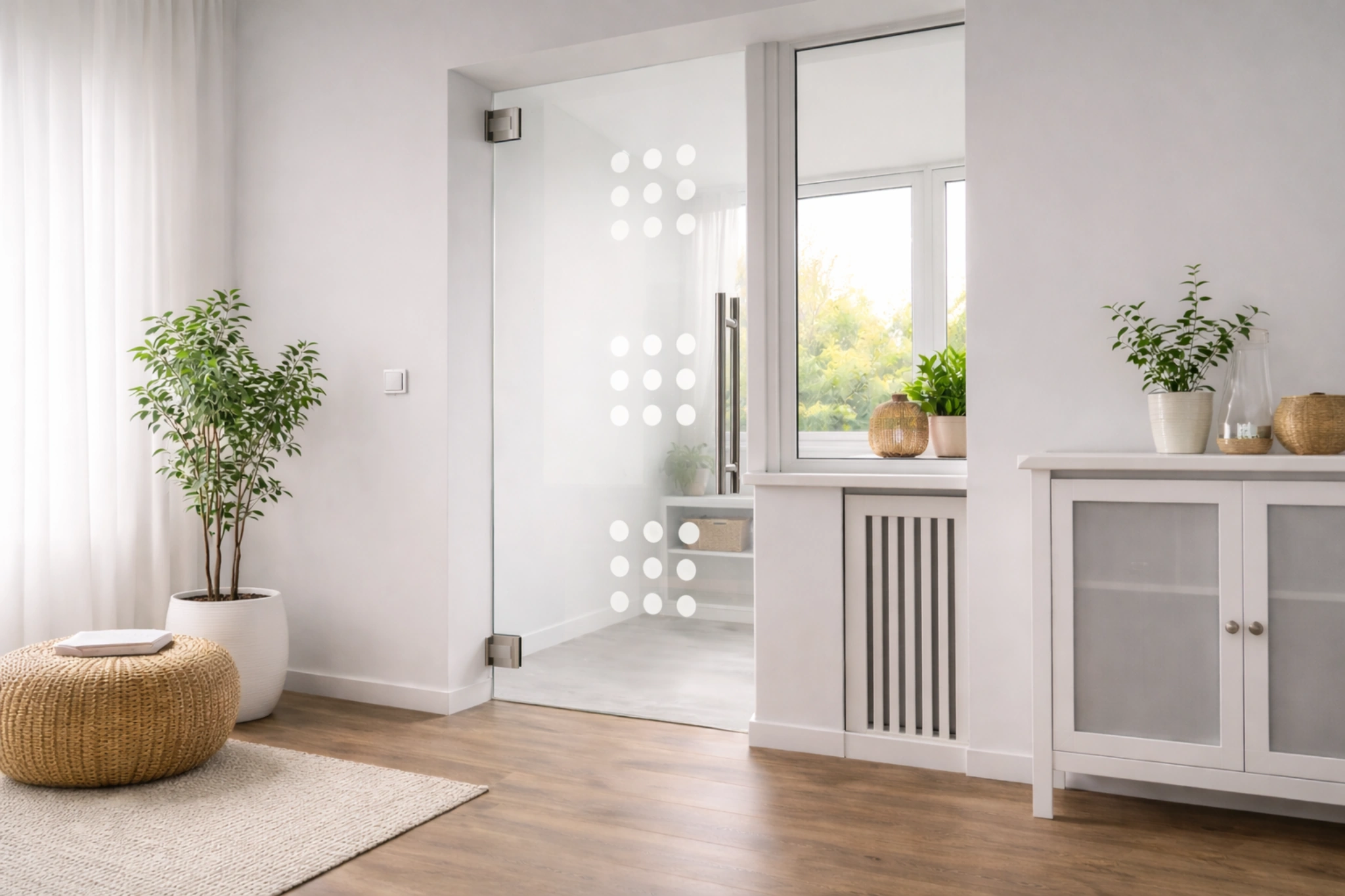 Pendeltür aus Glas mit Motiv Dots als moderne Innentür