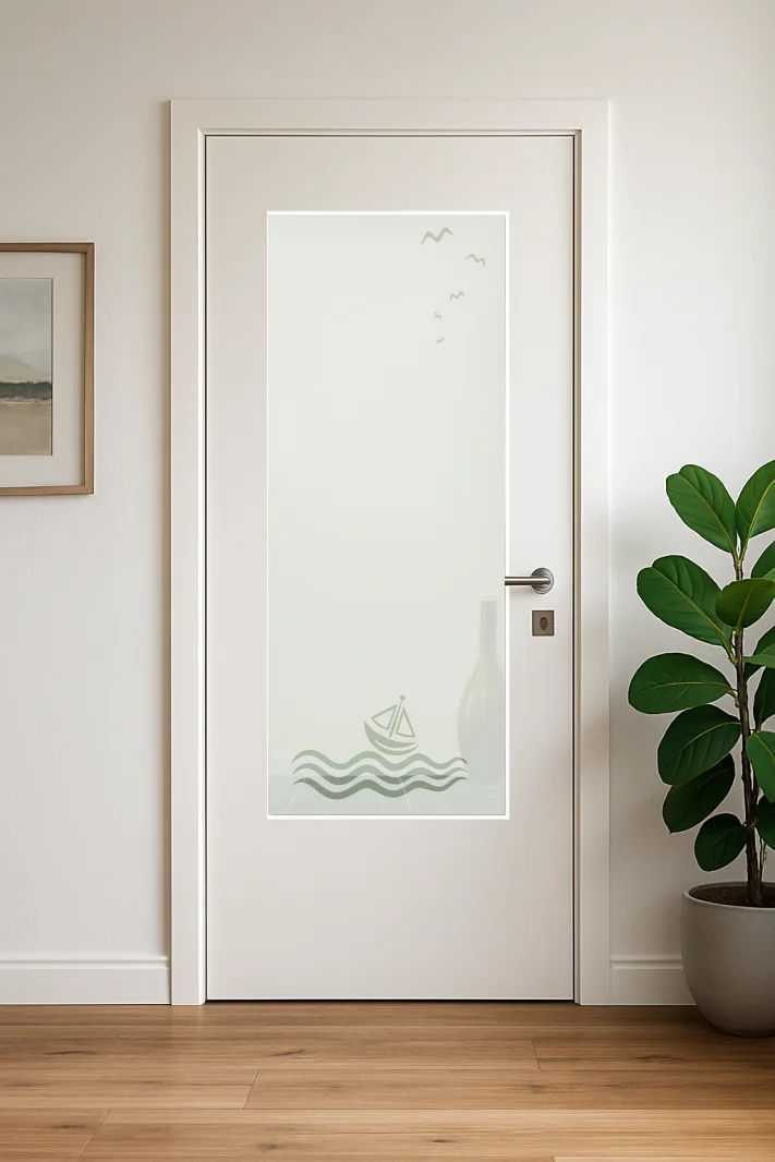 Glaseinsatz aus ESG Klarglas 4 mm mit Sandstrahlmotiv Regatta für Türen nach Maß