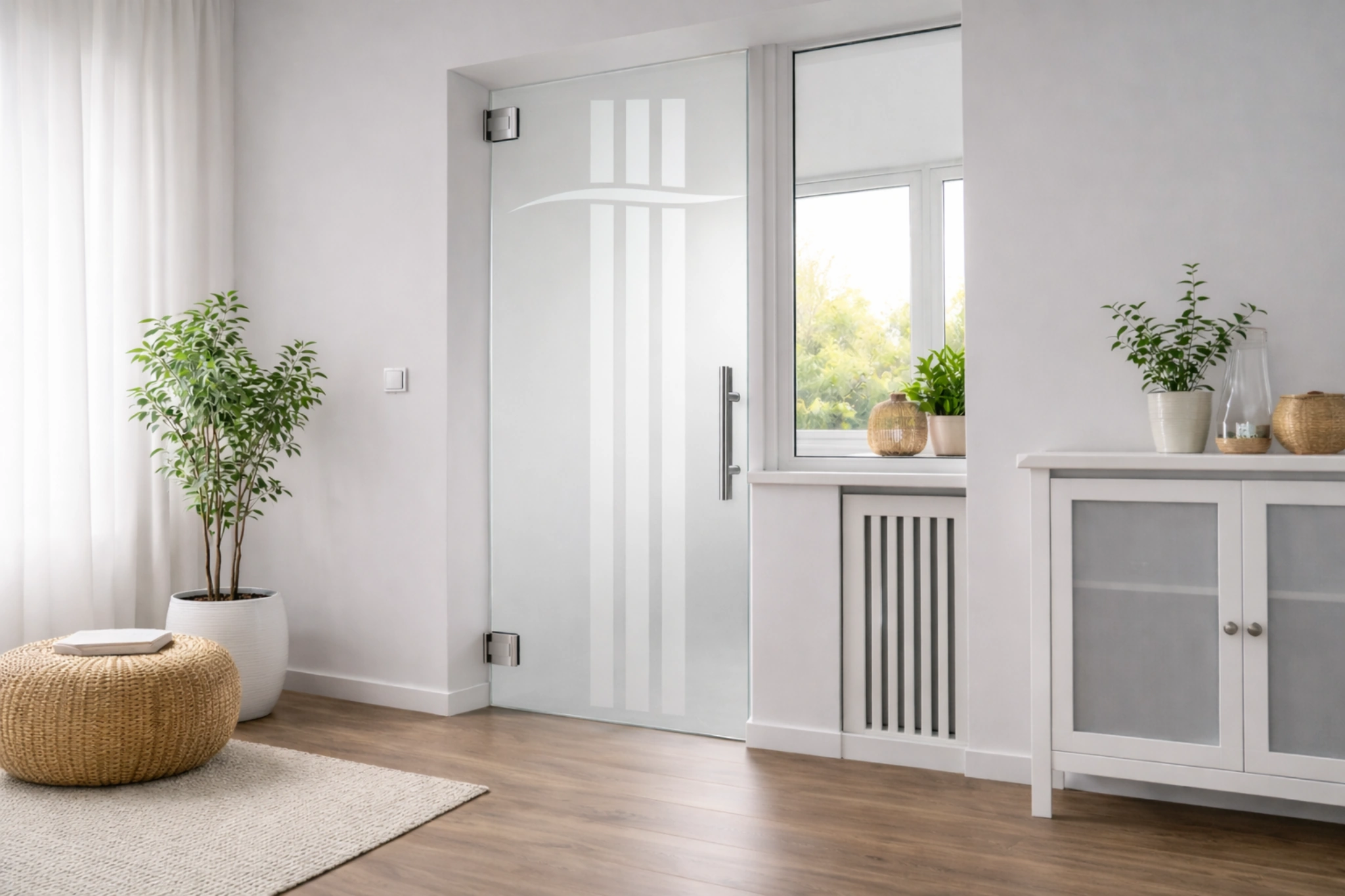 Pendeltür aus Glas mit Motiv Symbol als moderne Innentür