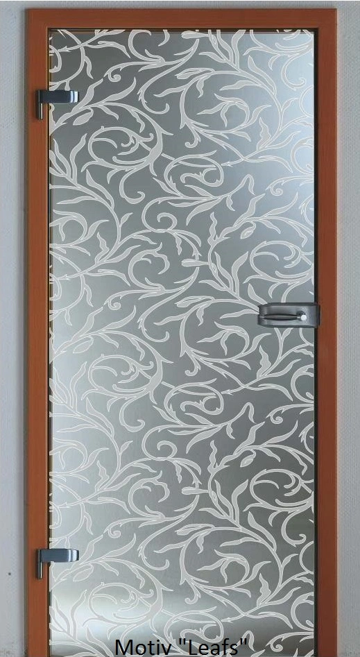Glastür aus ESG Klarglas 8 mm mit Lasermotiv Leafs für Innenräume nach Maß