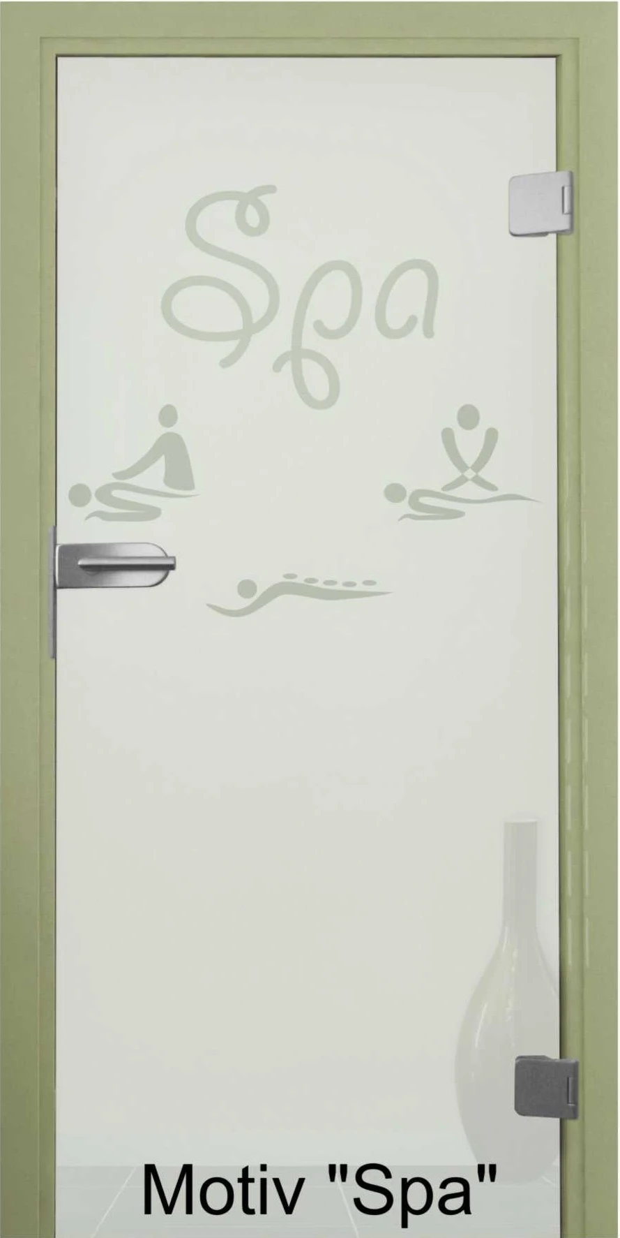 Glastür aus ESG Klarglas 8 mm mit Sandstrahlmotiv Spa für Innenräume nach Maß 