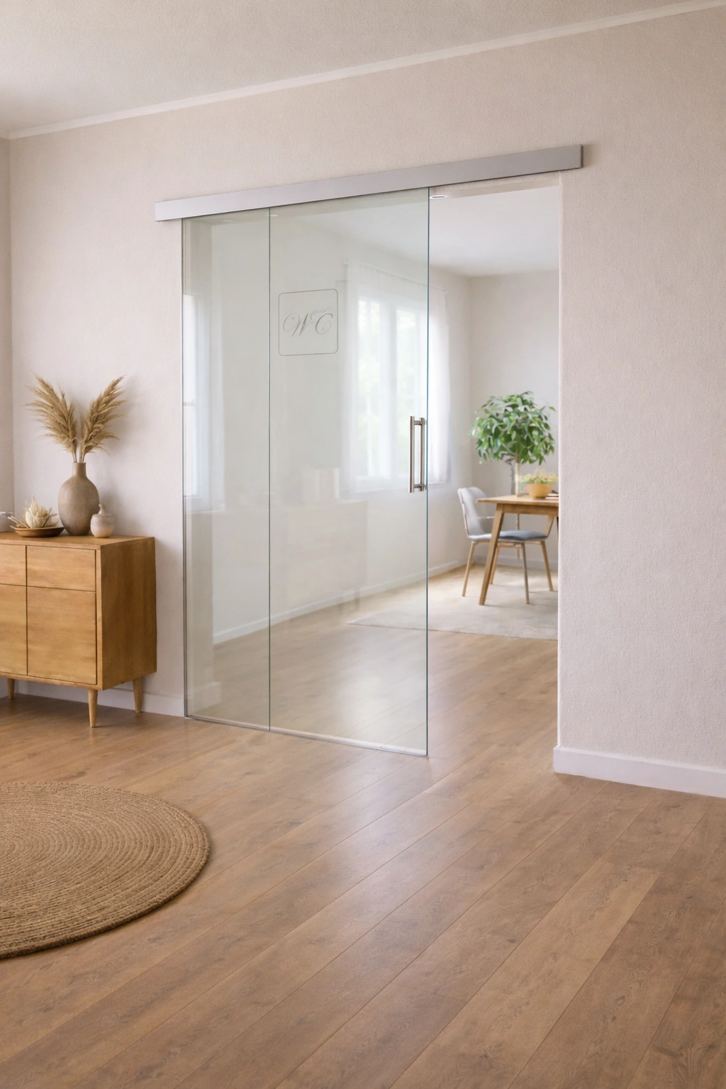 Schiebetür aus ESG Klarglas 8 mm mit Sandstrahlmotiv Discret für Innenräume nach Maß gefertigt