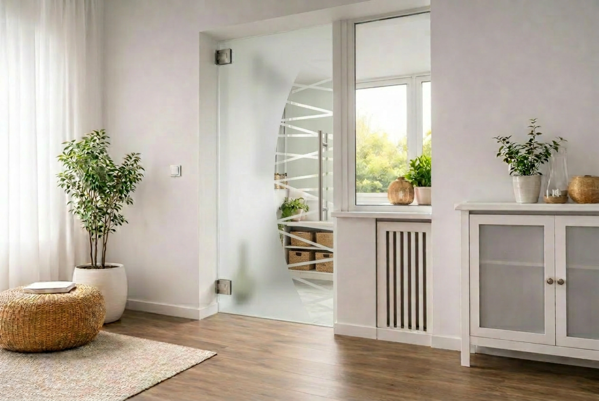 Pendeltür aus Glas mit Motiv Crossbow als moderne Innentür