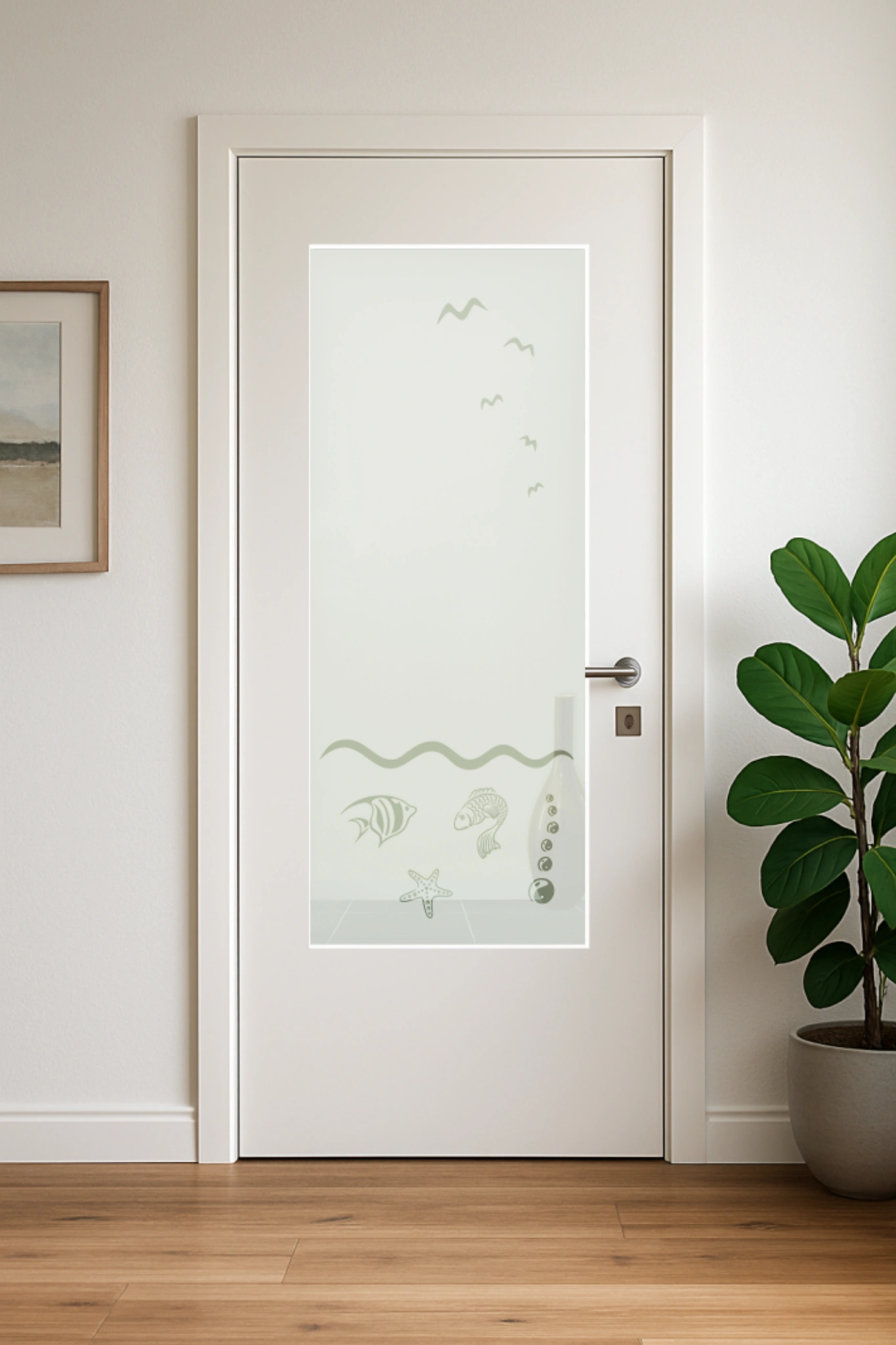 Glaseinsatz aus ESG Klarglas 4 mm mit Sandstrahlmotiv 7 Seas für Türen nach Maß