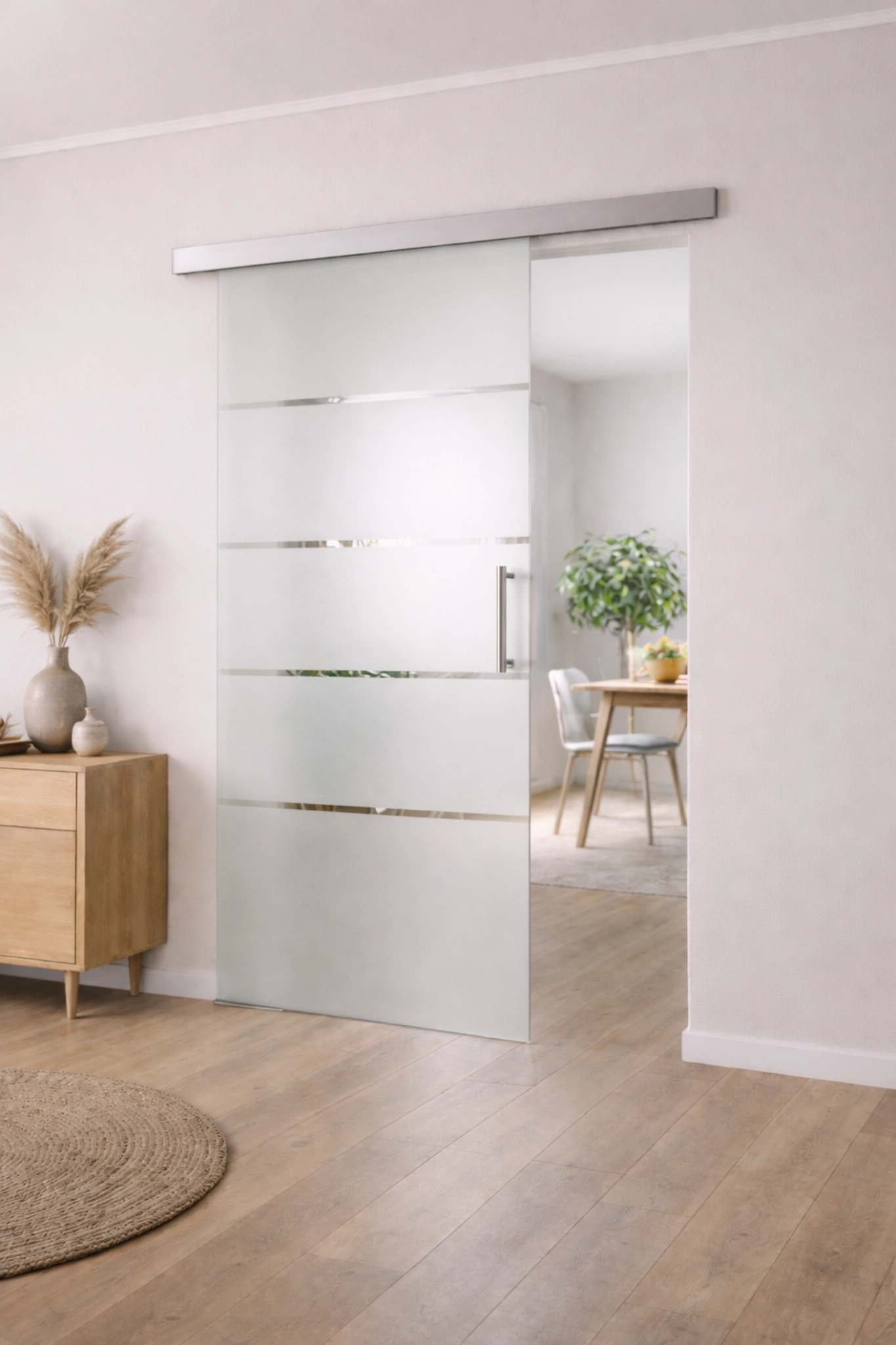 Schiebetür aus ESG Klarglas 8 mm mit Sandstrahlmotiv Stripes für Innenräume nach Maß gefertigt