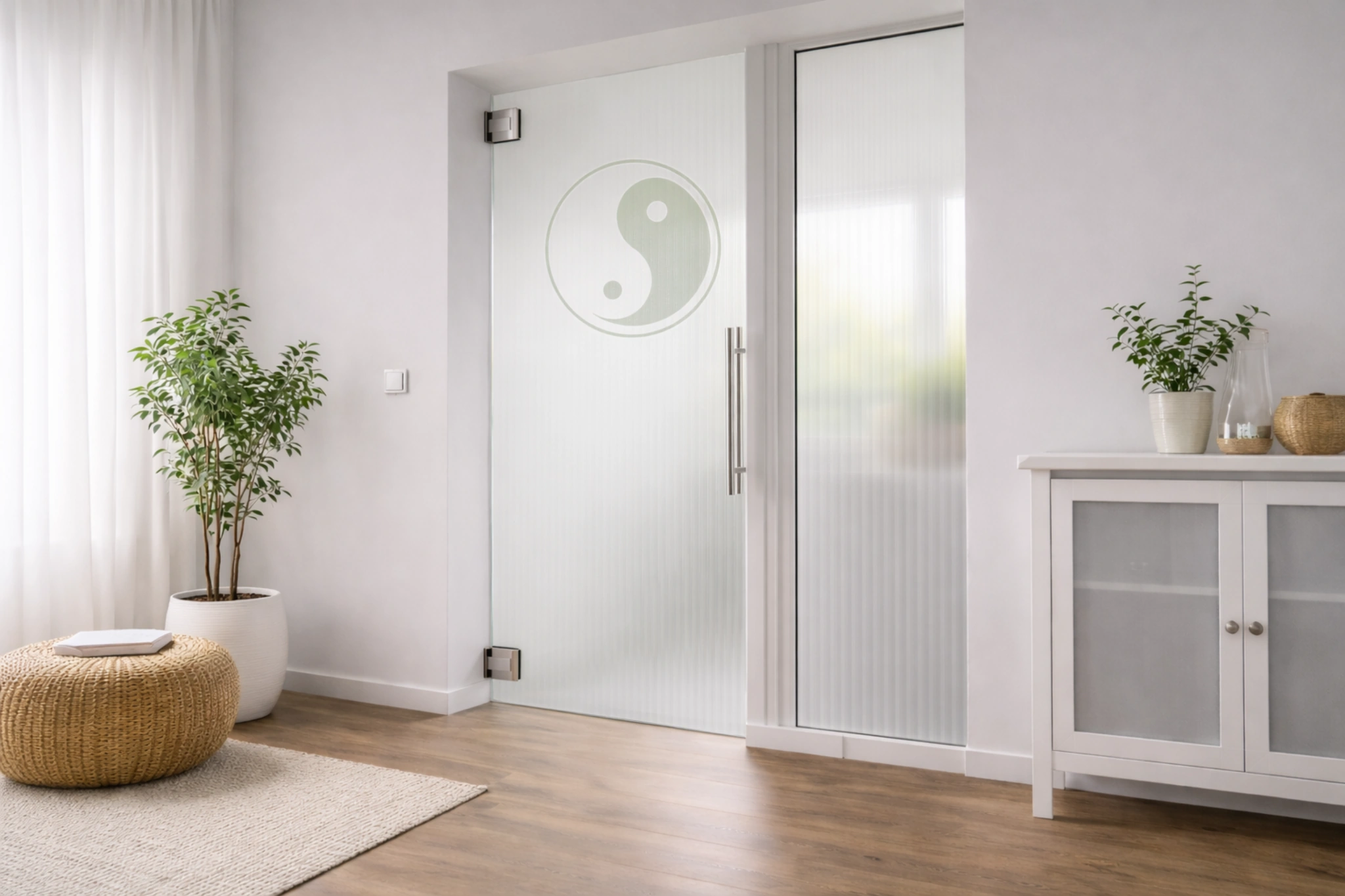 Pendeltür aus Glas mit Motiv YingYang als moderne Innentür