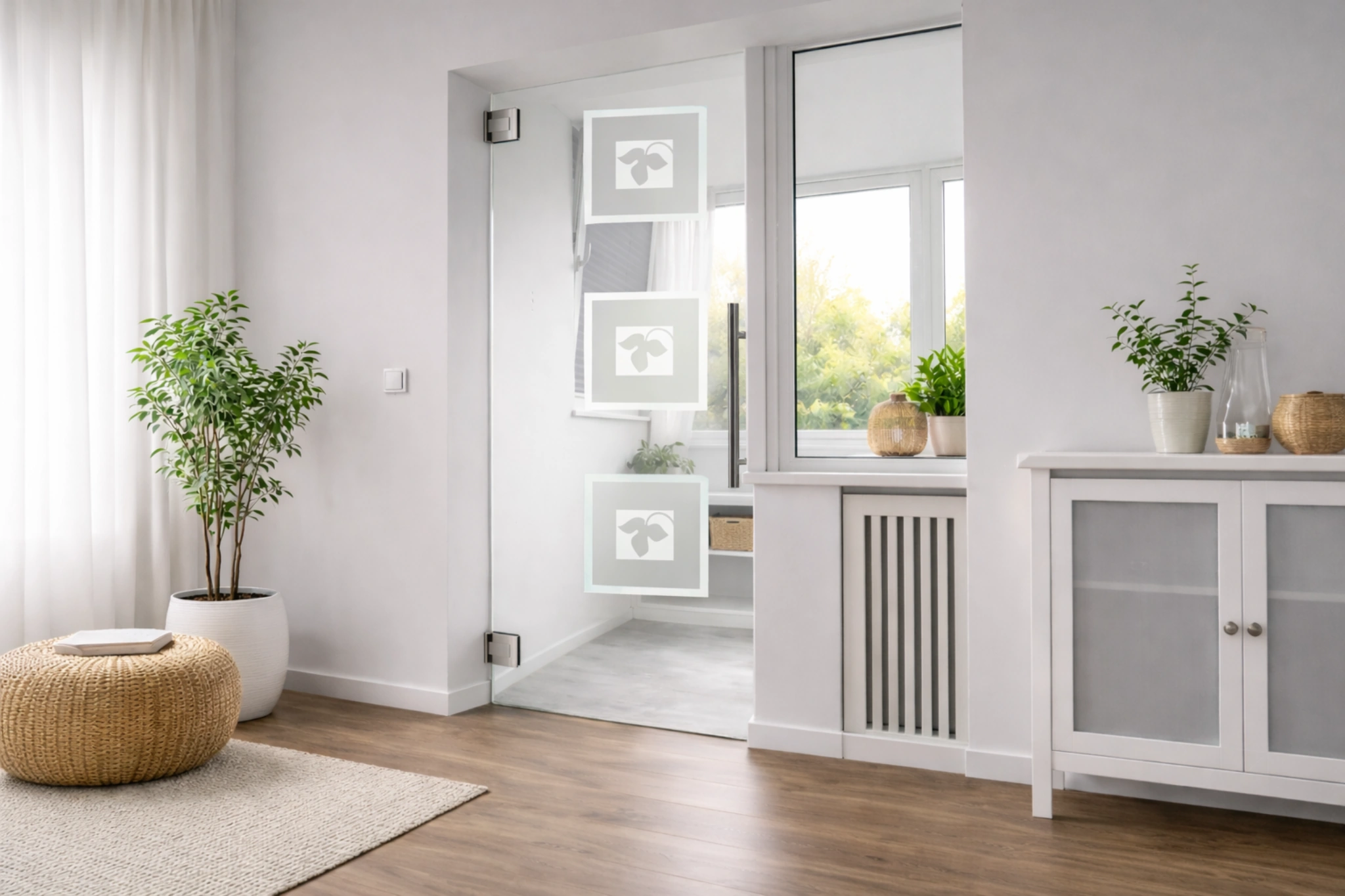 Pendeltür aus Glas mit Motiv Leef als moderne Innentür