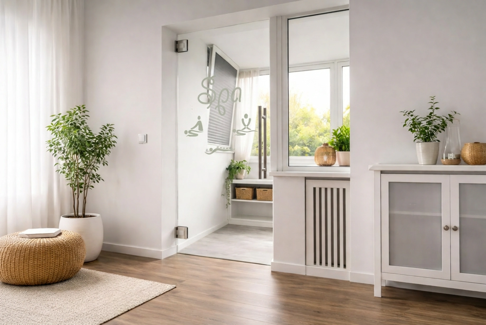 Pendeltür aus Glas mit Motiv Spa als moderne Innentür