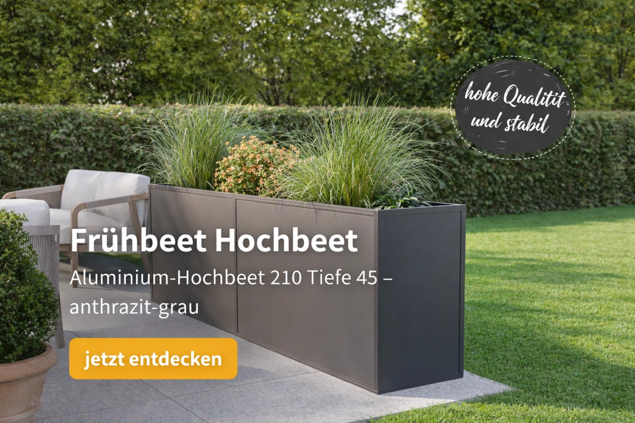 Aluminium-Hochbeet 210 cm mit 45 cm Tiefe in anthrazit grau zur Bepflanzung von Gemüse und Kräutern