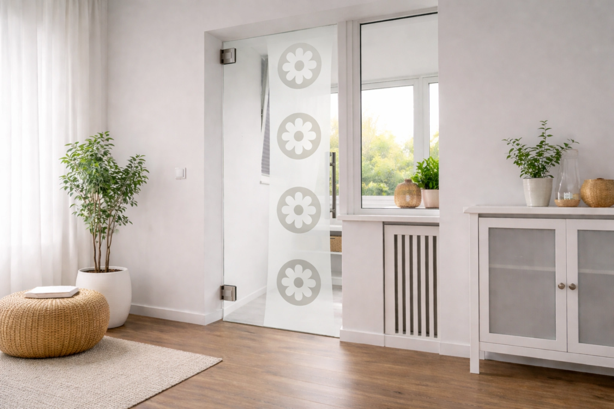 Pendeltür aus Glas mit Motiv Buttercup als moderne Innentür