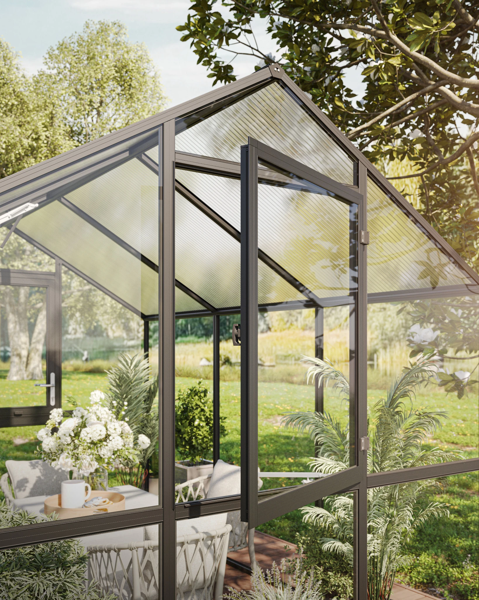 Glas Gewächshaus aus Aluminium mit ESG Sicherheitsglas als langlebiges Gewächshaus Aptasia III für Gartenpflanzen