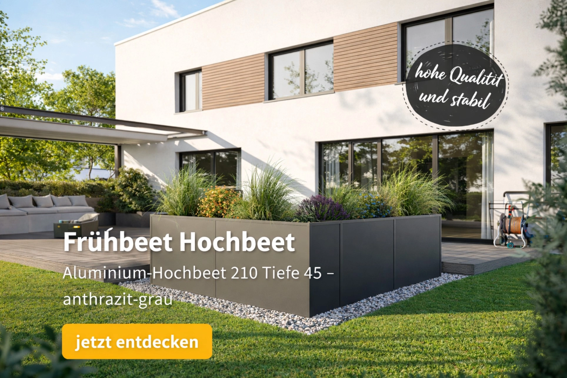 Aluminium-Hochbeet 210 cm mit 45 cm Tiefe in anthrazit grau zur Bepflanzung von Gemüse und Kräutern