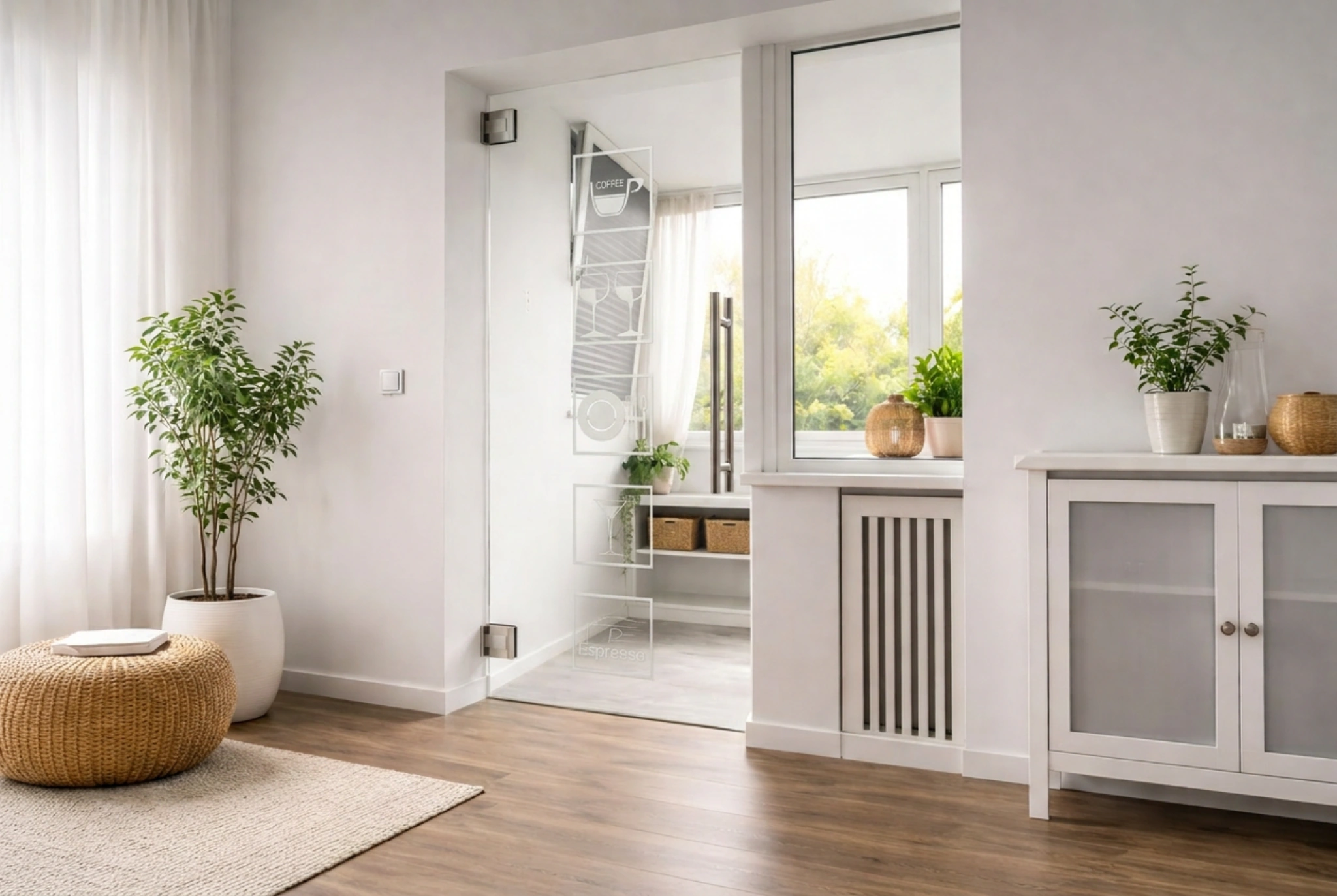 Pendeltür aus Glas mit Motiv Bistro als moderne Innentür