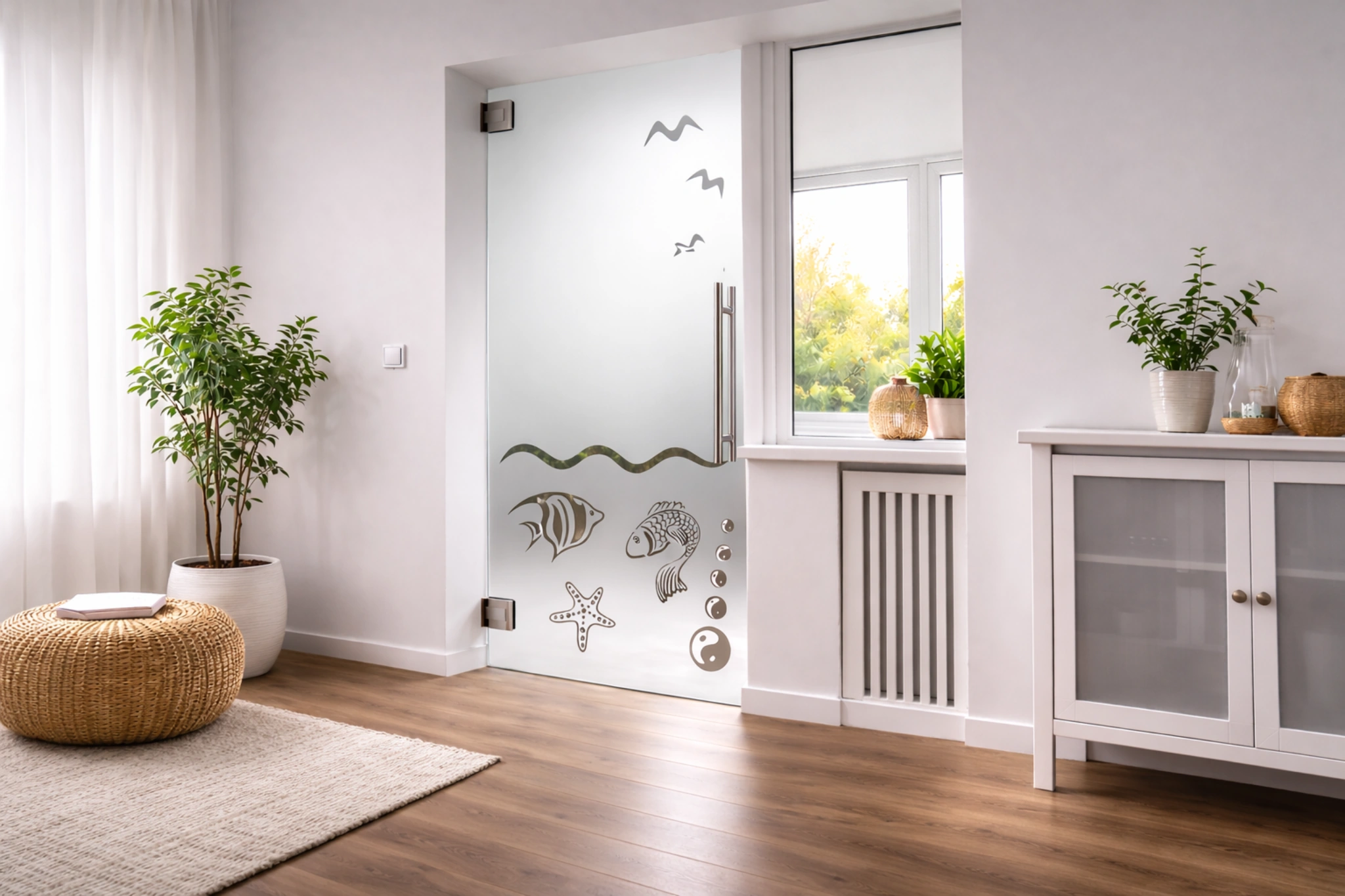 Pendeltür aus Glas mit Motiv 7 Seas als moderne Innentür