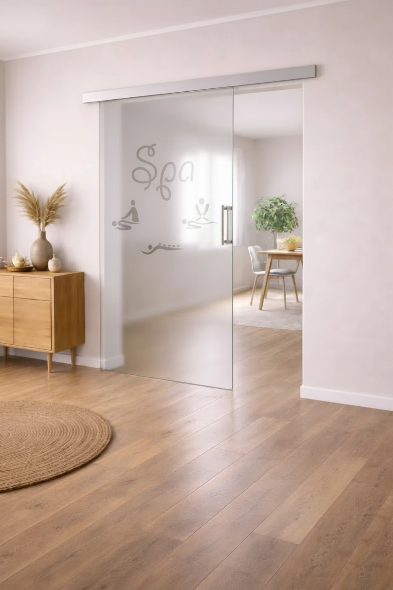Schiebetür aus ESG Klarglas 8 mm mit Sandstrahlmotiv Spa für Innenräume nach Maß gefertigt