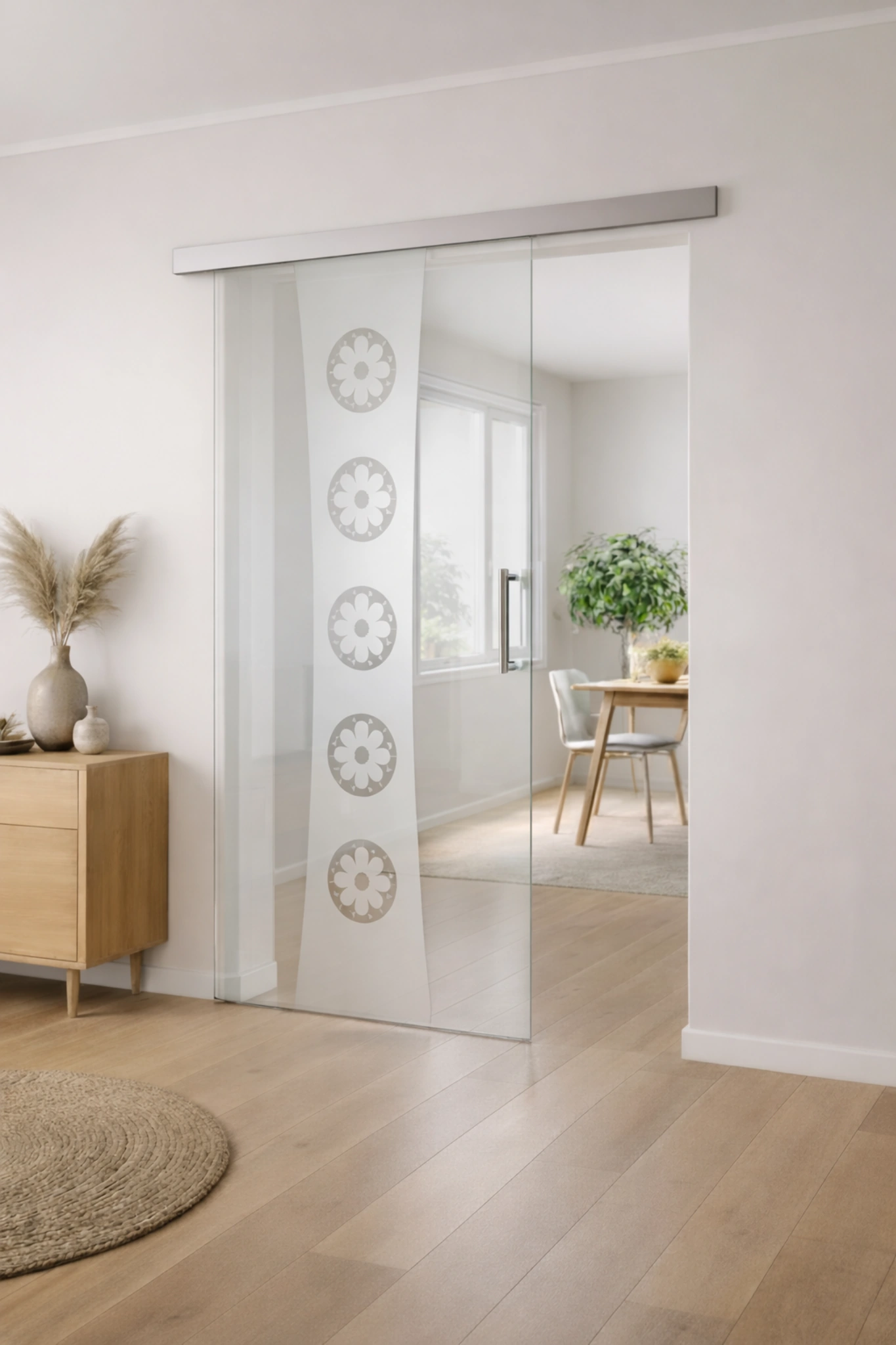 Schiebetür aus ESG Klarglas 8 mm mit Sandstrahlmotiv Buttercup für Innenräume nach Maß gefertigt