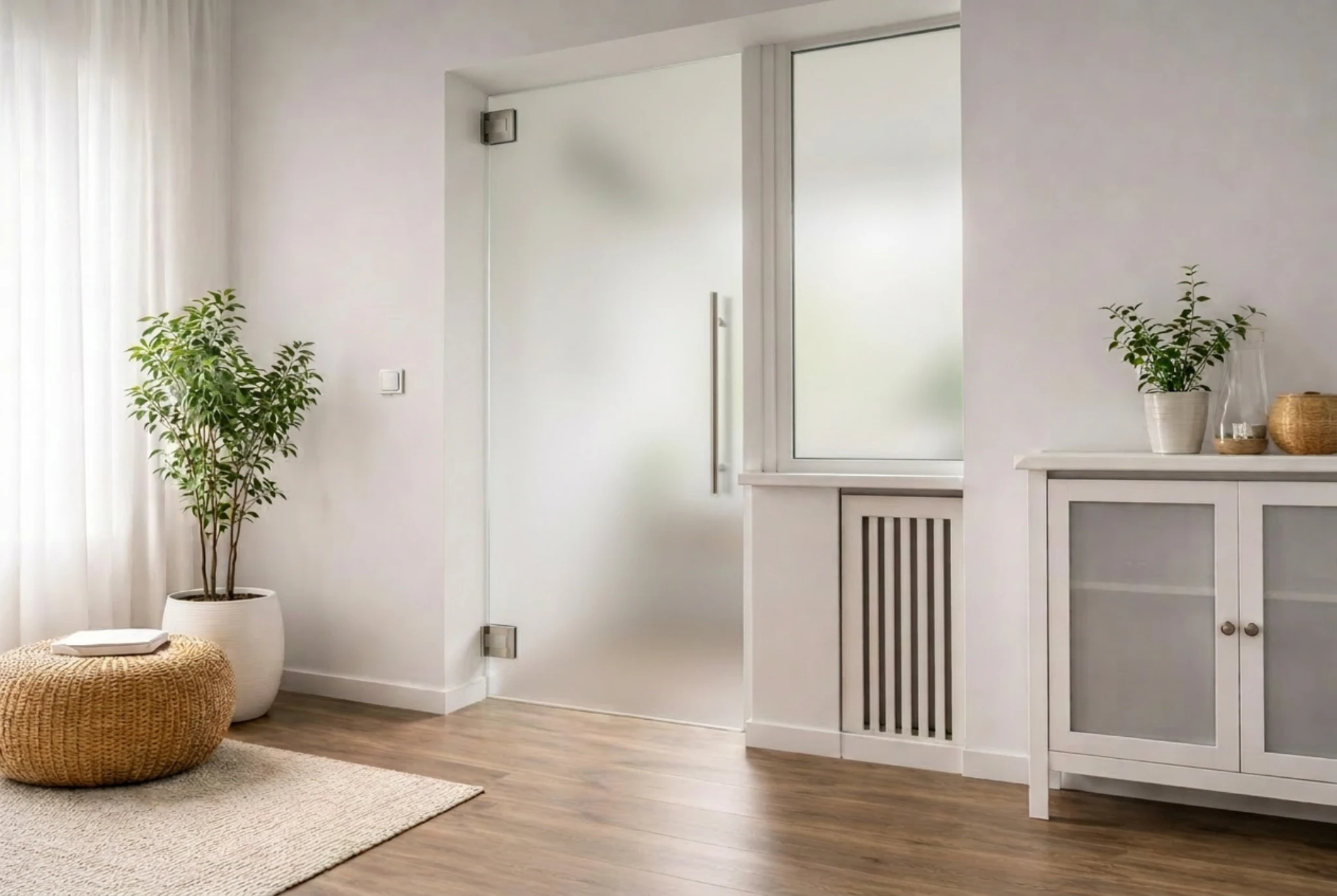 Glaspendeltür aus ESG Glas Ornamentglas satiniert als moderne Innentür