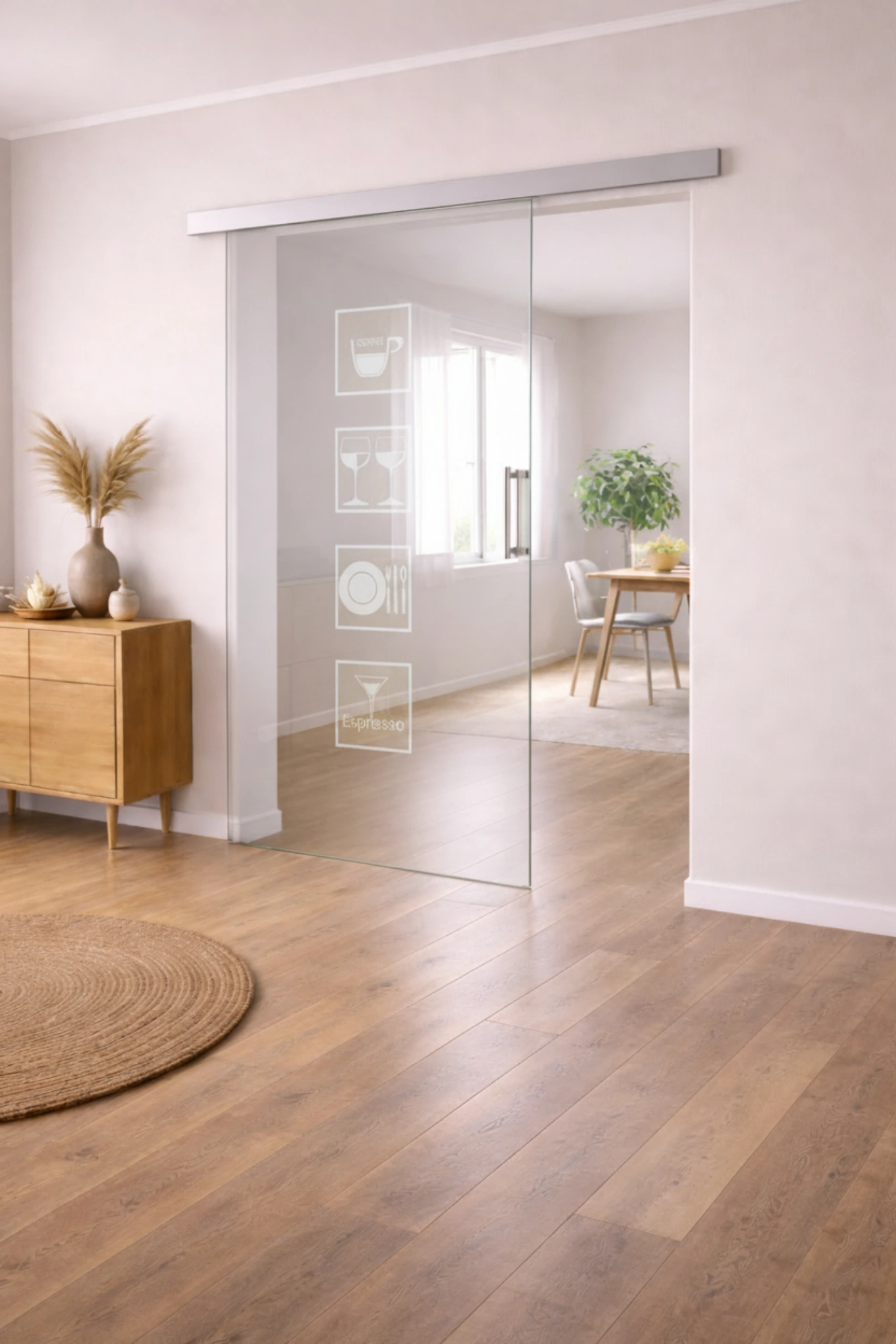 Schiebetür aus ESG Klarglas 8 mm mit Sandstrahlmotiv Bistro für Innenräume nach Maß gefertigt