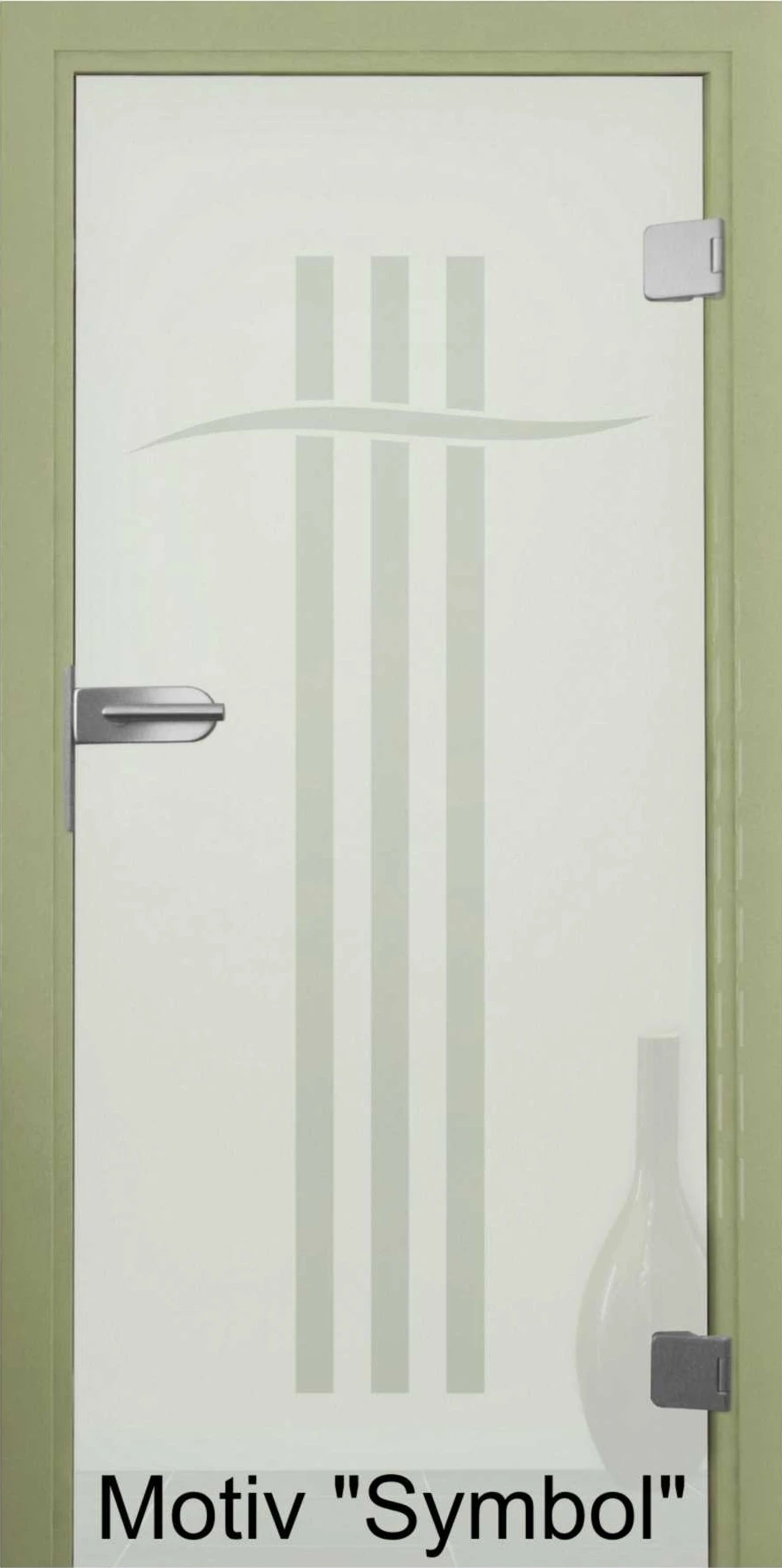 Glastür aus ESG Klarglas 8 mm mit Sandstrahlmotiv Symbol für Innenräume nach Maß gefertigt