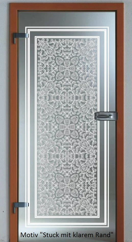 Glastür aus ESG Klarglas 8 mm mit Lasermotiv Stuck mit klarem Rand für Innenräume nach Maß 