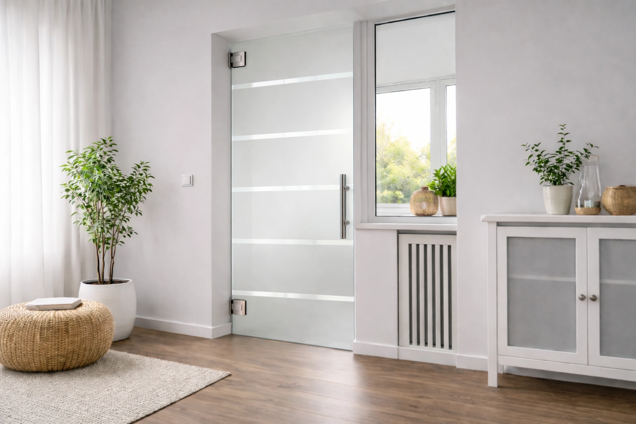 Pendeltür aus Glas mit Motiv Stripes als moderne Innentür