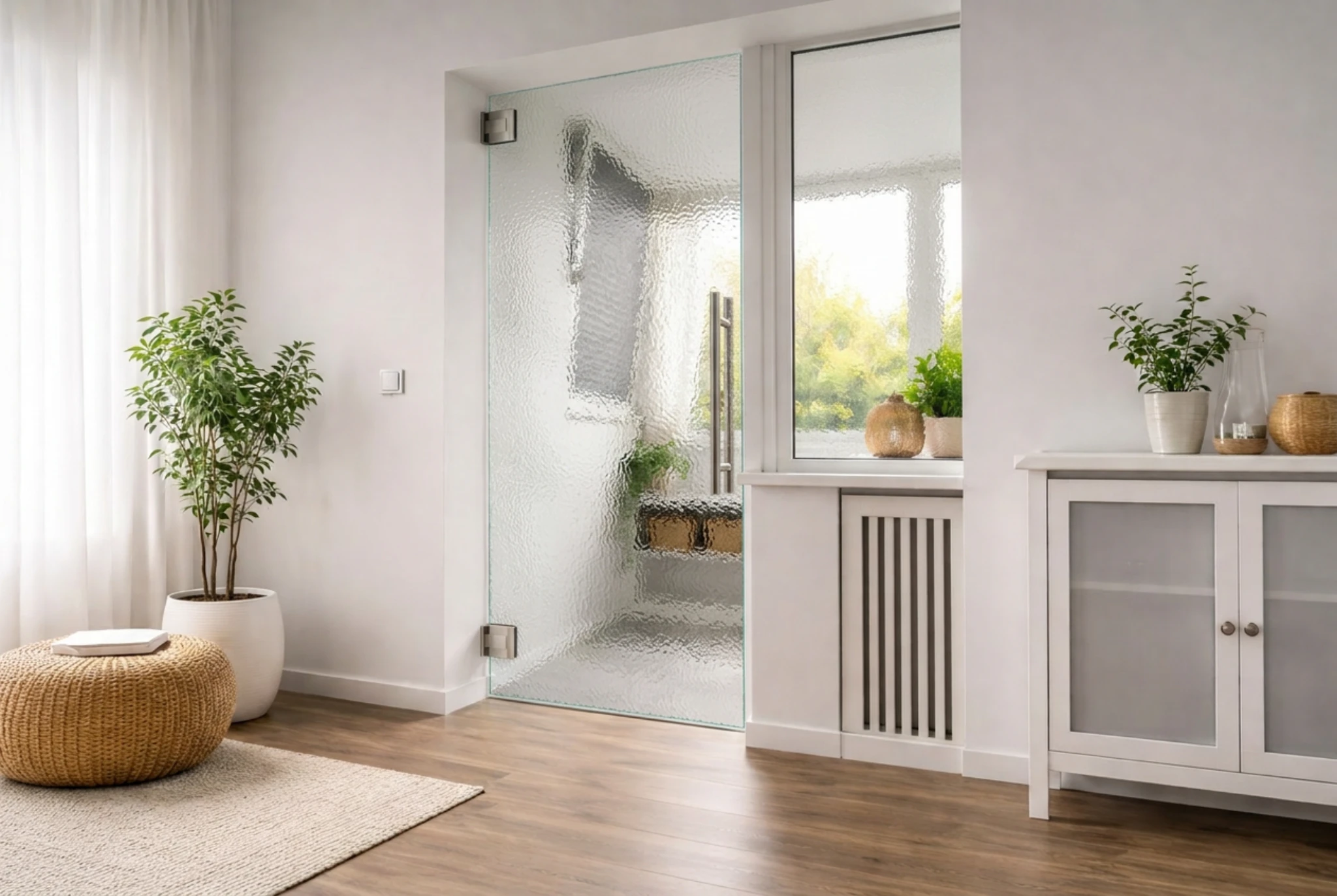 Glaspendeltür aus ESG Glas Ornamentglas 504 als moderne Innentür