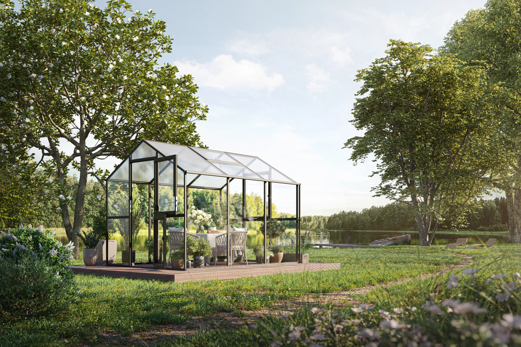 Glas Gewächshaus aus Aluminium mit ESG Sicherheitsglas als langlebiges Gewächshaus Aptasia III für Gartenpflanzen