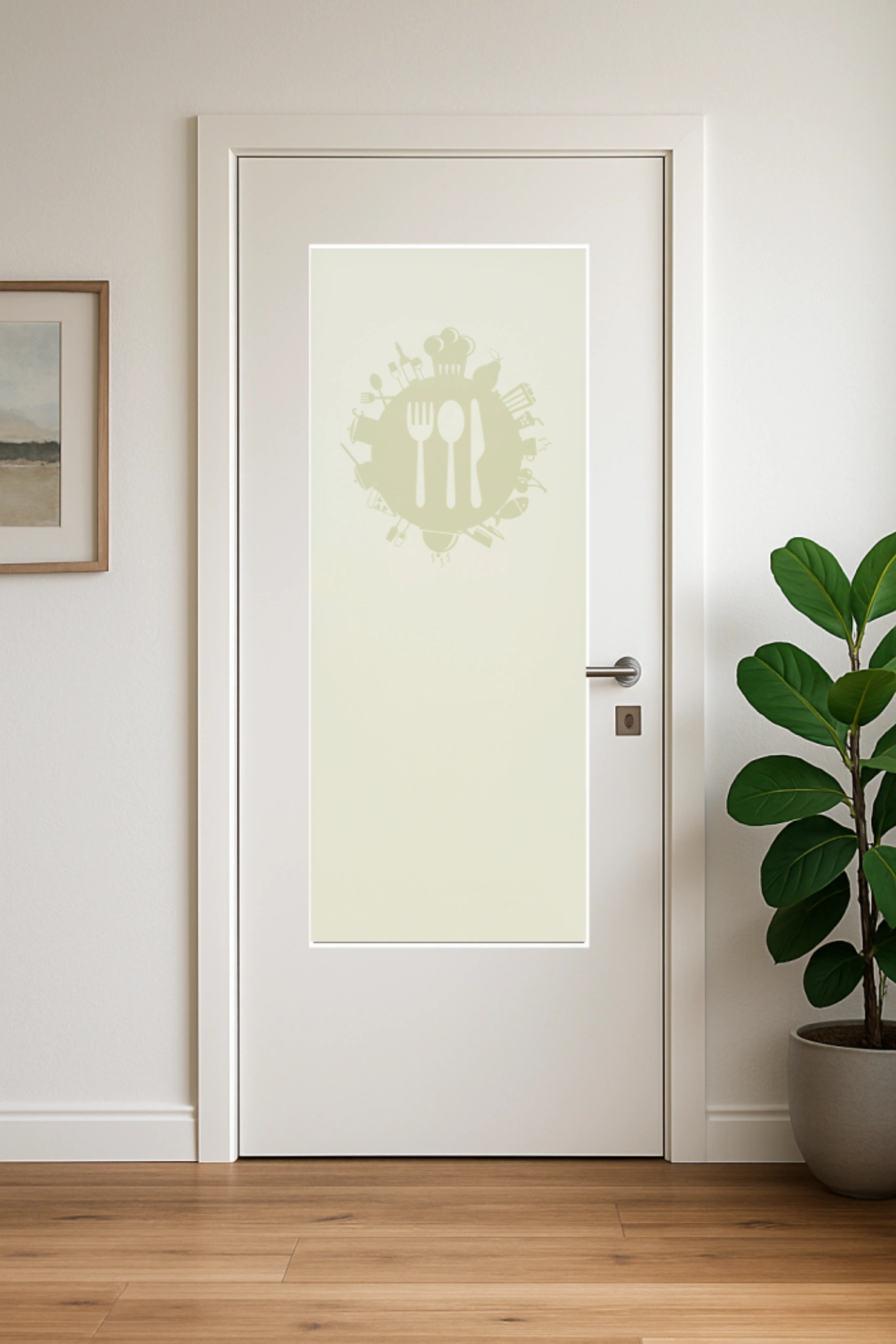 Glaseinsatz aus ESG Klarglas 4 mm mit Sandstrahlmotiv Foodplanet für Türen nach Maß