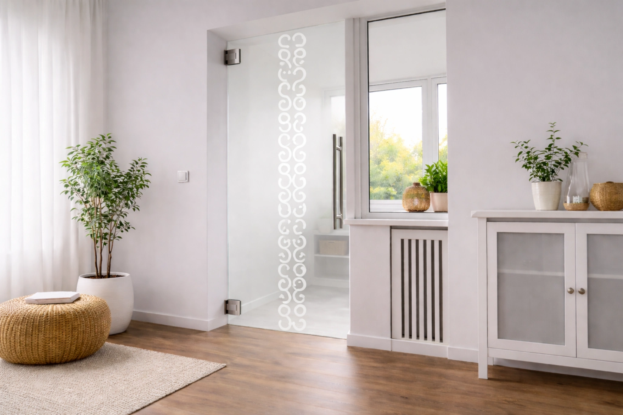 Pendeltür aus Glas mit Motiv Swung als moderne Innentür