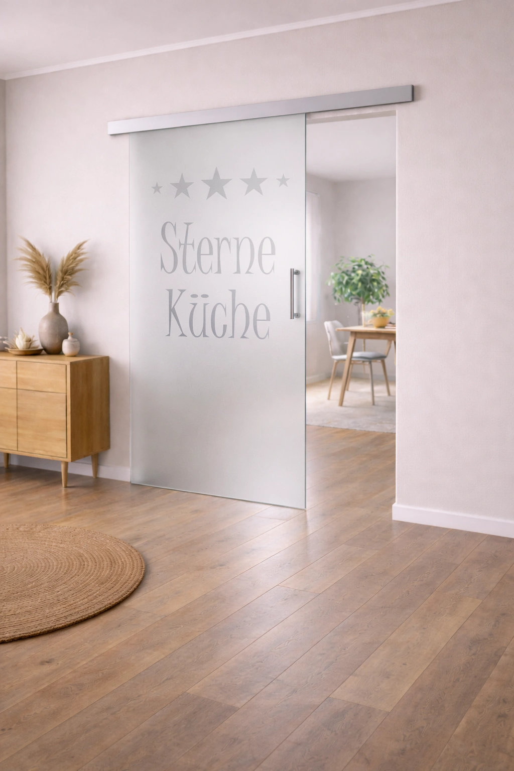 Schiebetür aus ESG Klarglas 8 mm mit Sandstrahlmotiv Sterneküche für Innenräume nach Maß gefertigt