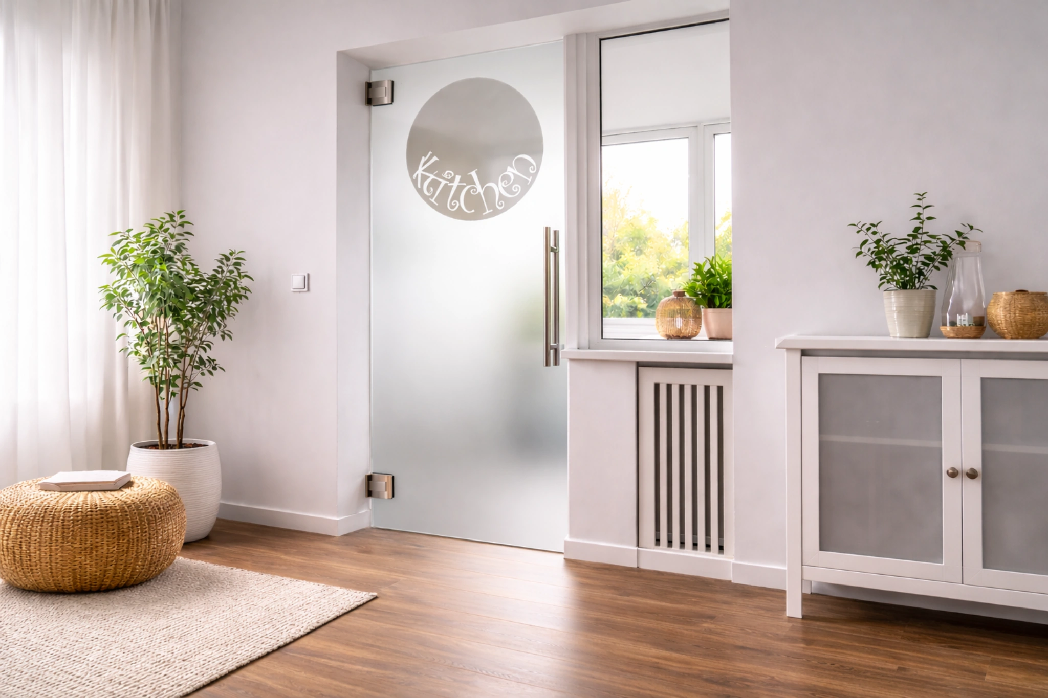 Pendeltür aus Glas mit Motiv Porthole als moderne Innentür