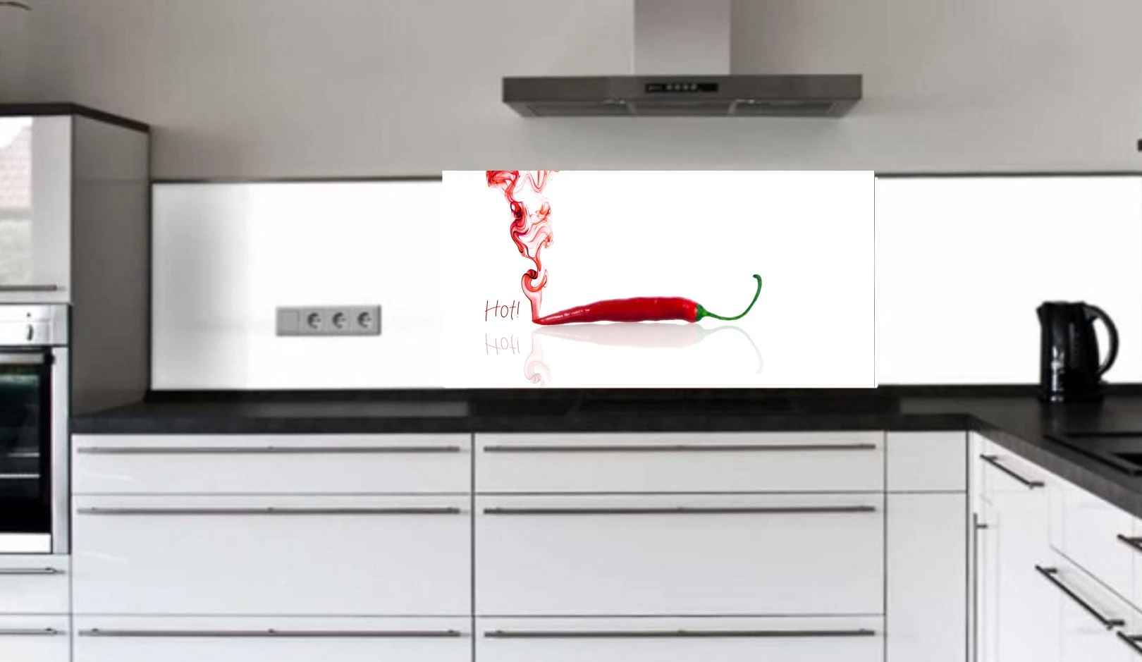 Küchenrückwand aus ESG Glas Glasbild mit Motiv dampfende Peperoni in 4 mm, 6 mm oder 8 mm nach Maß gefertigt