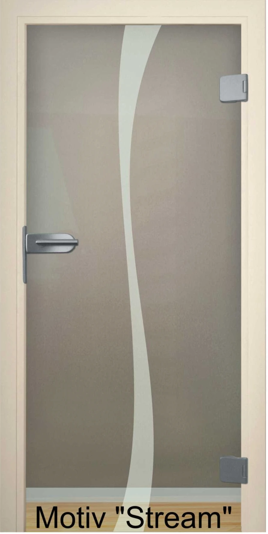 Glastür aus ESG Klarglas 8 mm mit Sandstrahlmotiv Stream für Innenräume nach Maß