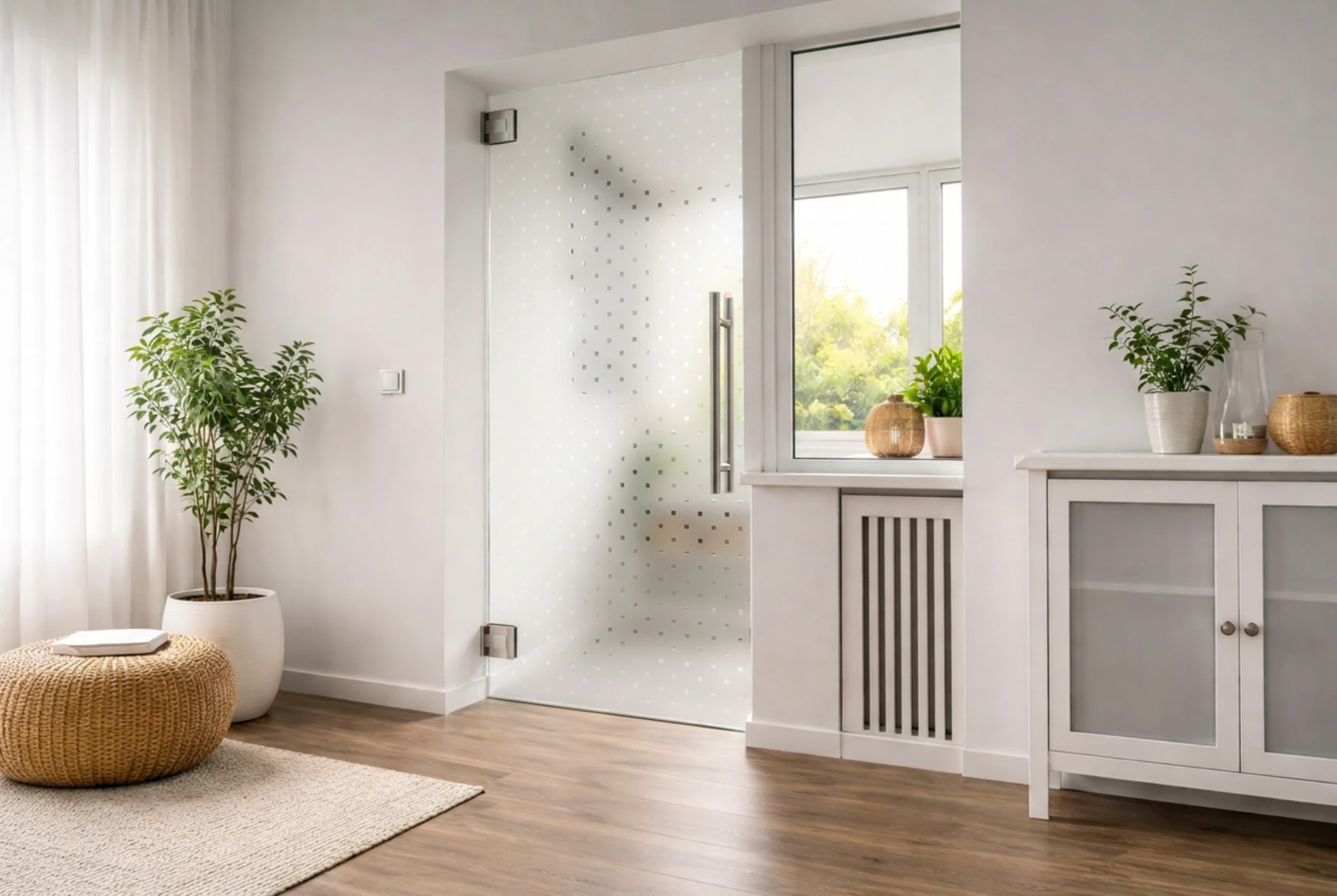 Glaspendeltür aus ESG Glas Ornamentglas Madras Pave als moderne Innentür