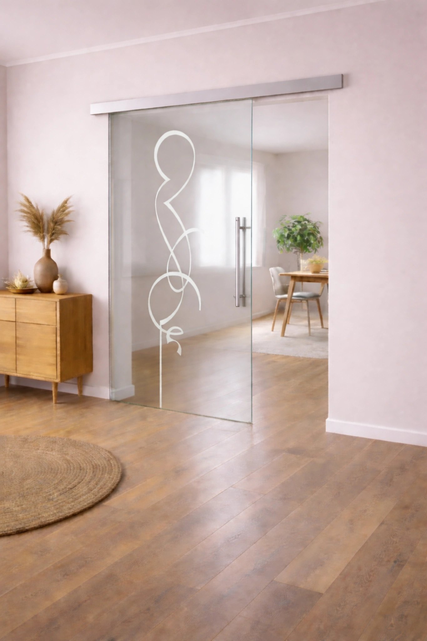 Schiebetür aus ESG Klarglas 8 mm mit Sandstrahlmotiv Eclipse für Innenräume nach Maß gefertigt