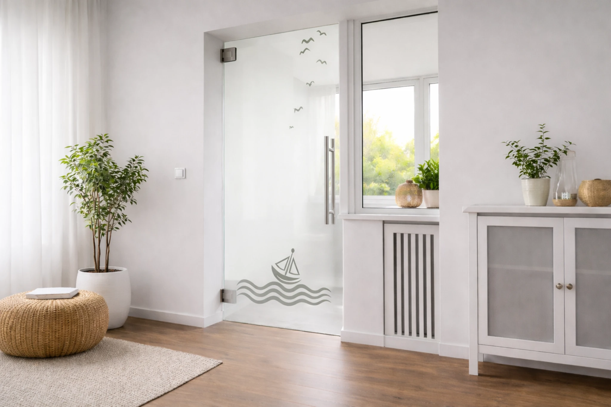 Pendeltür aus Glas mit Motiv Regatta als moderne Innentür