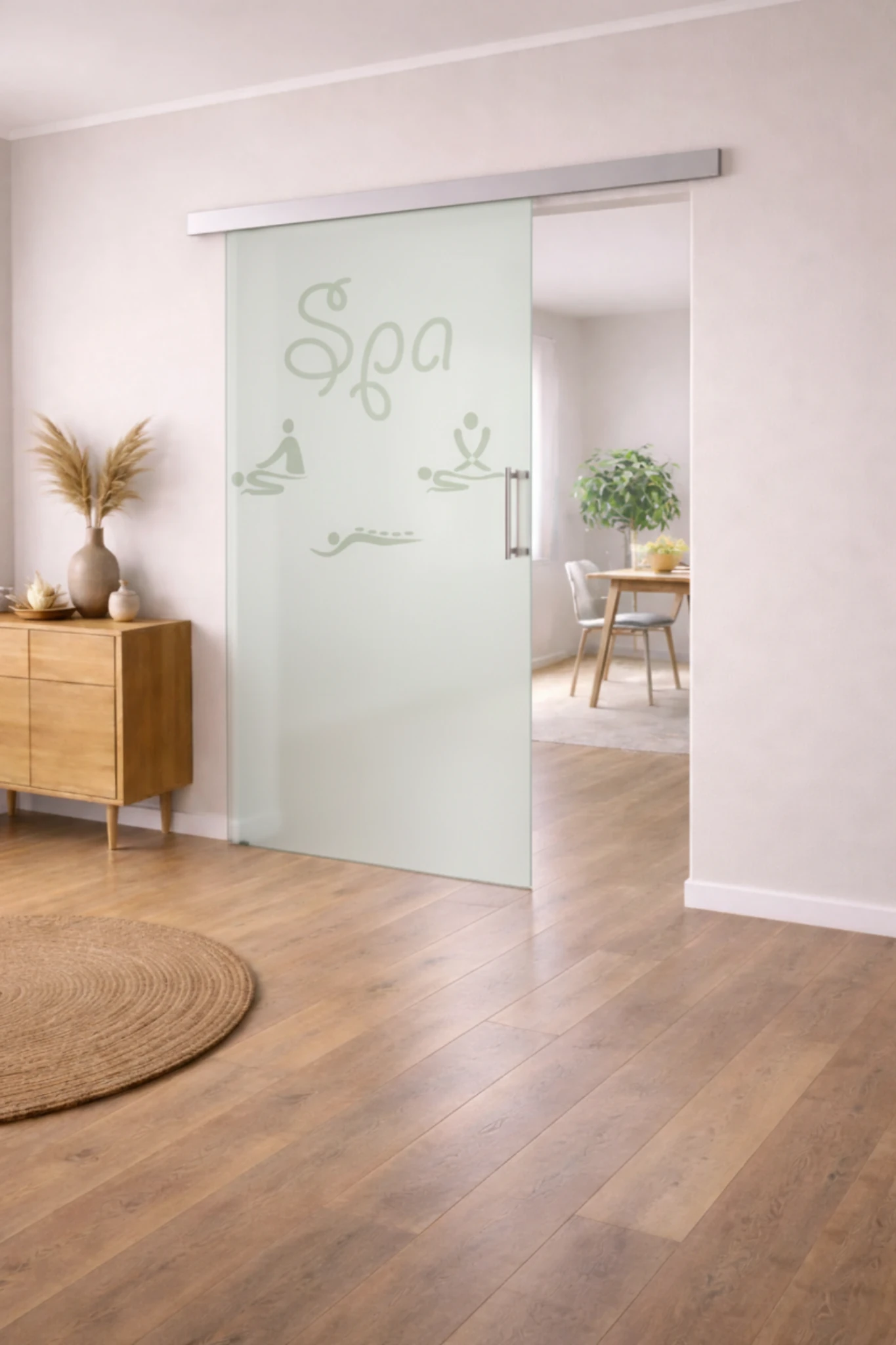 Schiebetür aus ESG Klarglas 8 mm mit Sandstrahlmotiv Spa für Innenräume nach Maß gefertigt