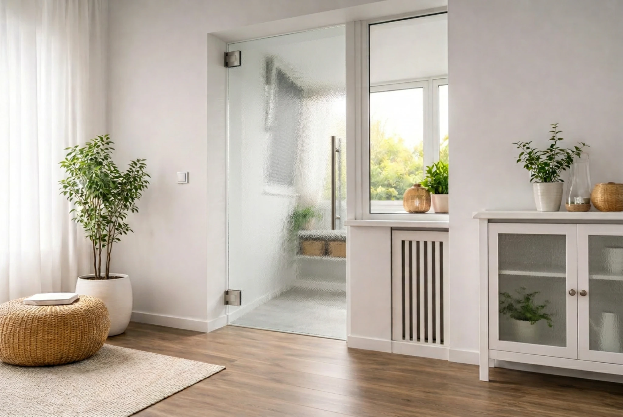 Glaspendeltür aus ESG Glas Ornamentglas Chinchilla als moderne Innentür