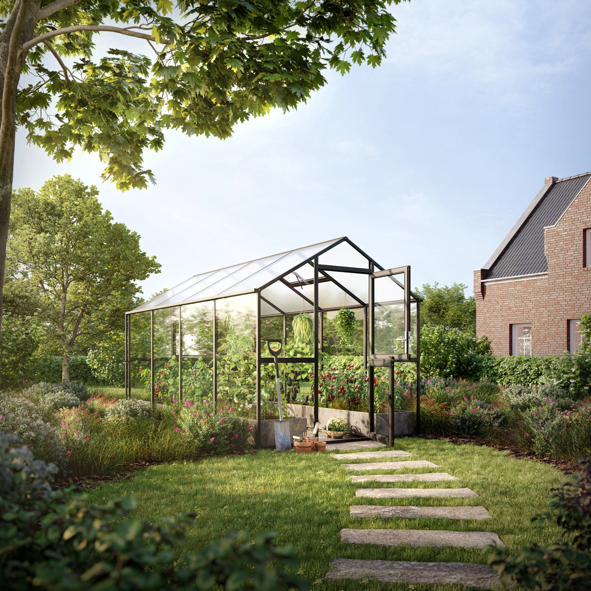 Glas Gewächshaus aus Aluminium mit ESG Sicherheitsglas als langlebiges Gewächshaus Aptasia IV für Gartenpflanzen
