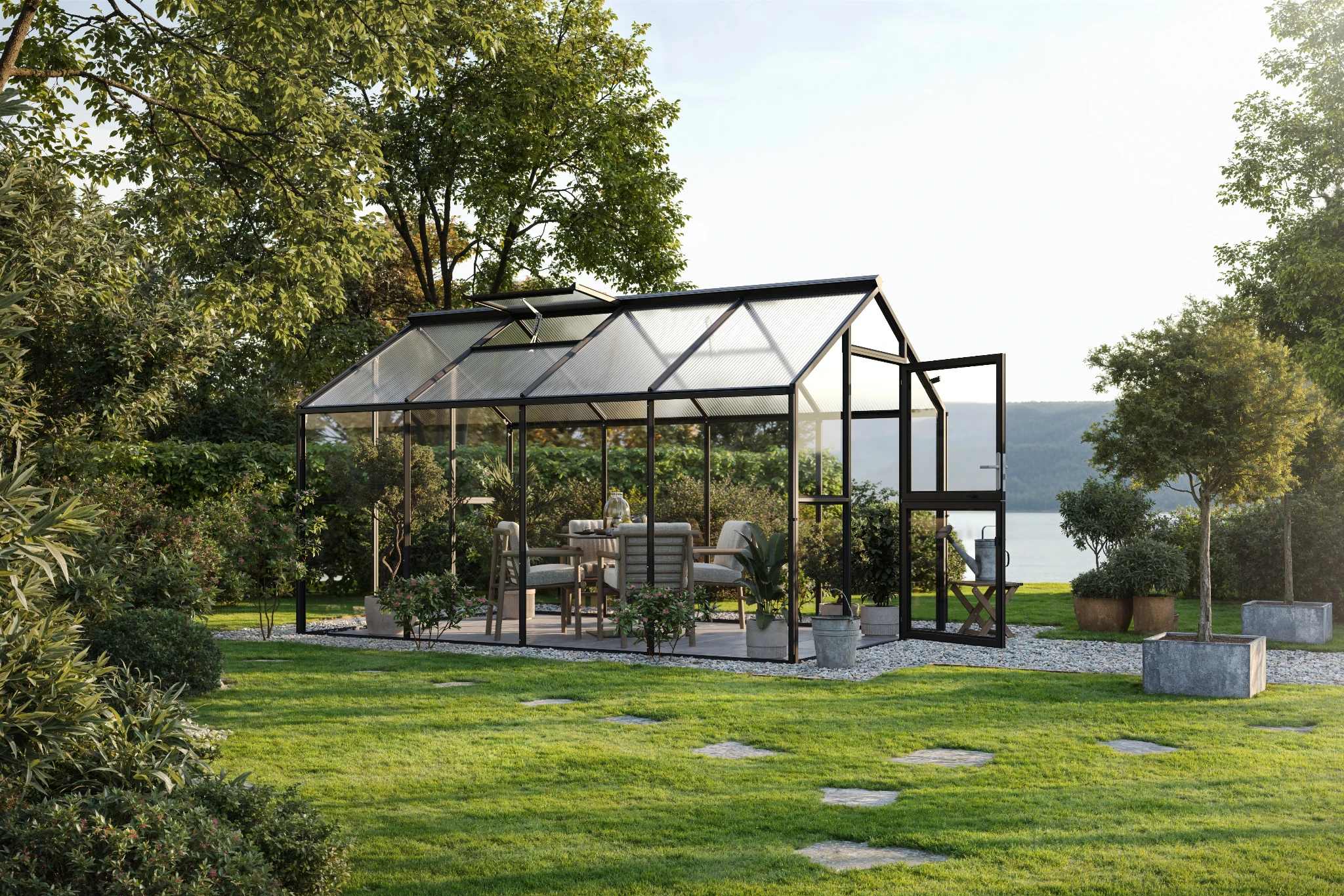 Glas Gewächshaus aus Aluminium mit ESG Sicherheitsglas als langlebiges Gewächshaus Novum IV für Gartenpflanzen