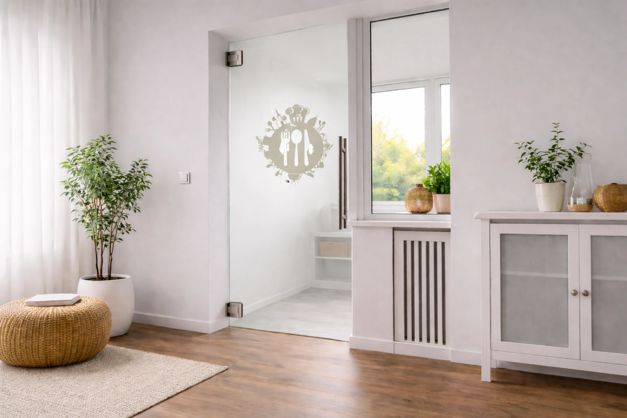 Pendeltür aus Glas mit Motiv Foodplanet als moderne Innentür