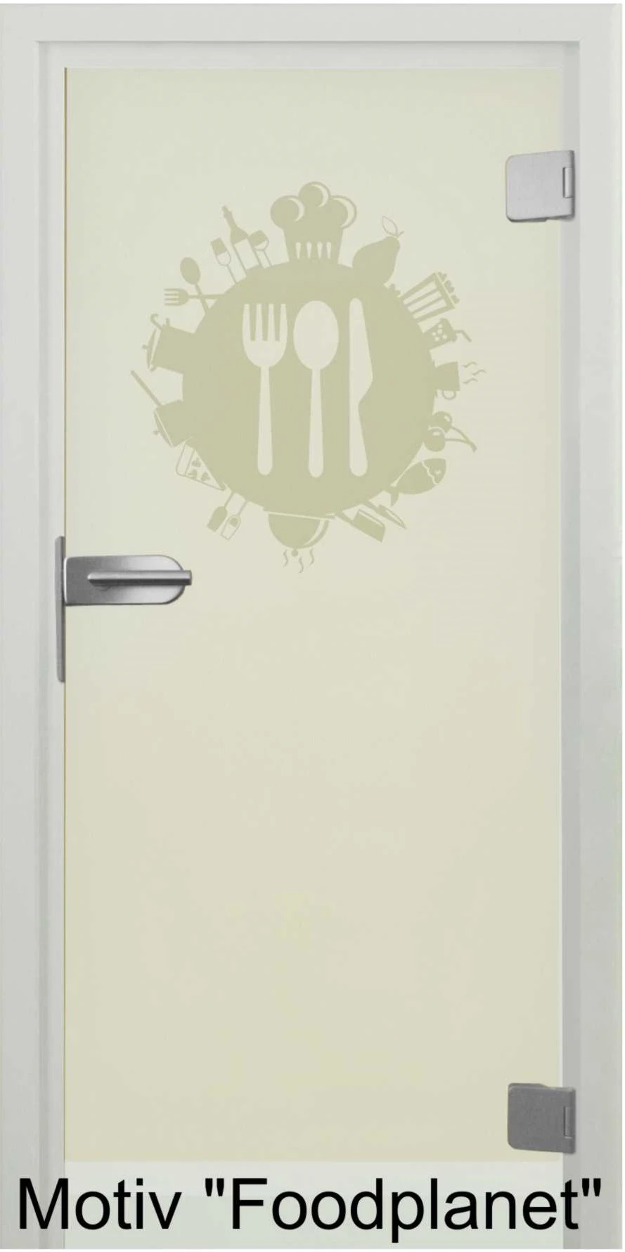 Glastür aus ESG Klarglas 8 mm mit Sandstrahlmotiv Foodplanet für Innenräume nach Maß 