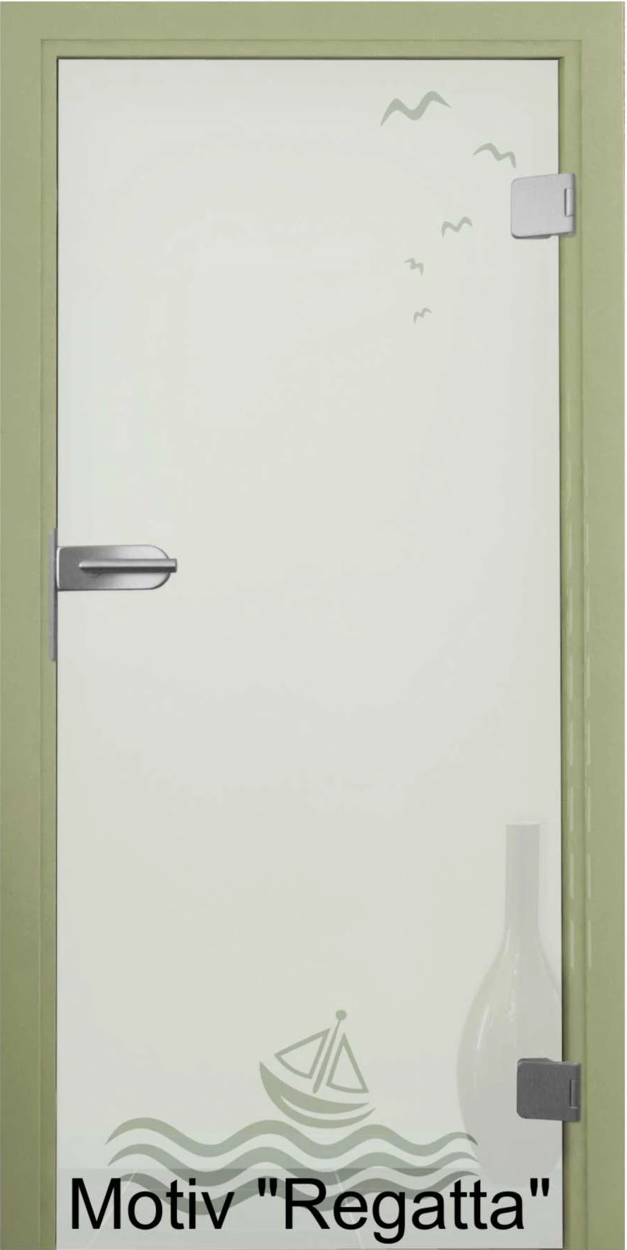 Glastür aus ESG Klarglas 8 mm mit Sandstrahlmotiv Regatta für Innenräume nach Maß 