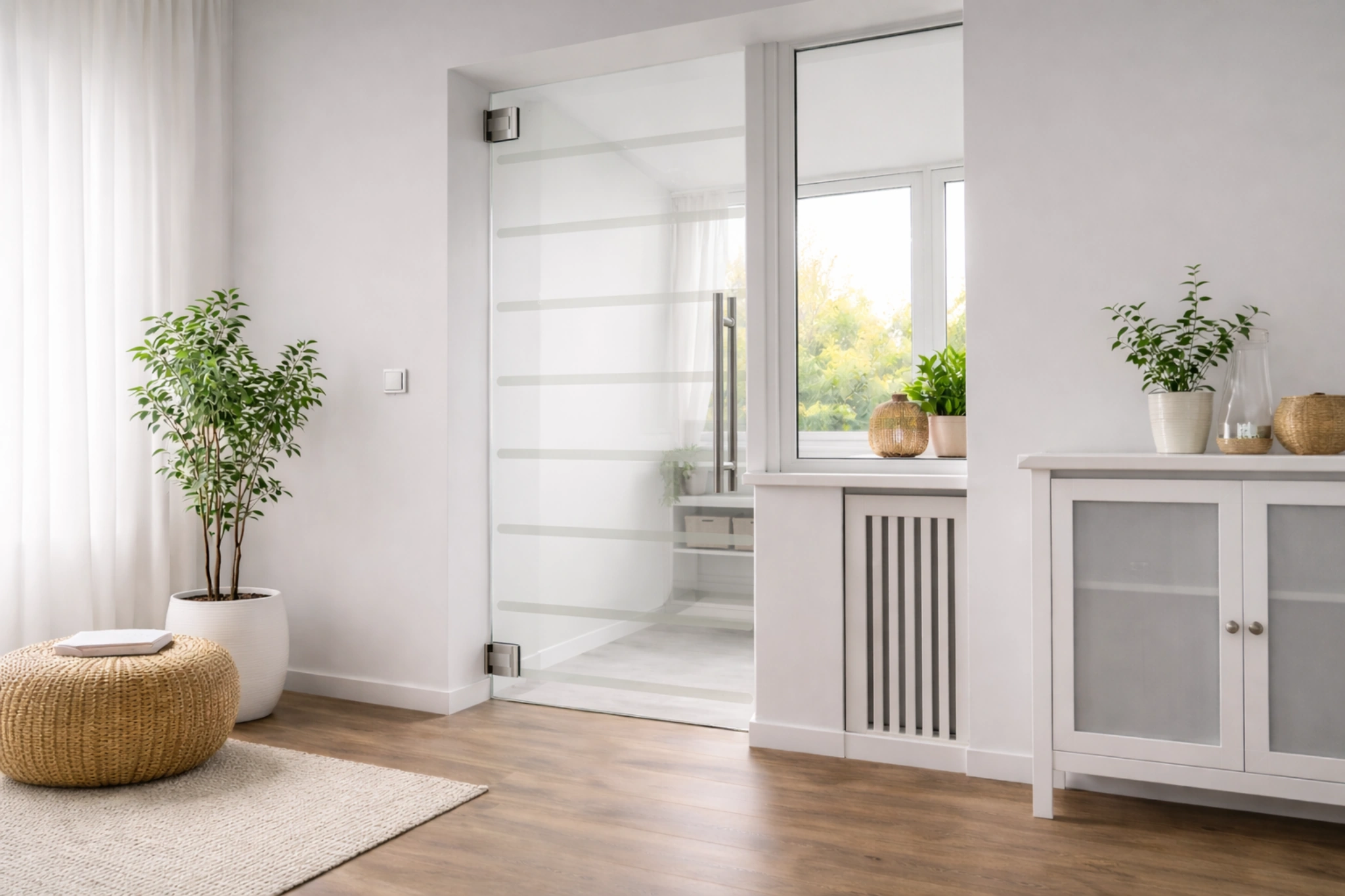 Pendeltür aus Glas mit Motiv Lines als moderne Innentür