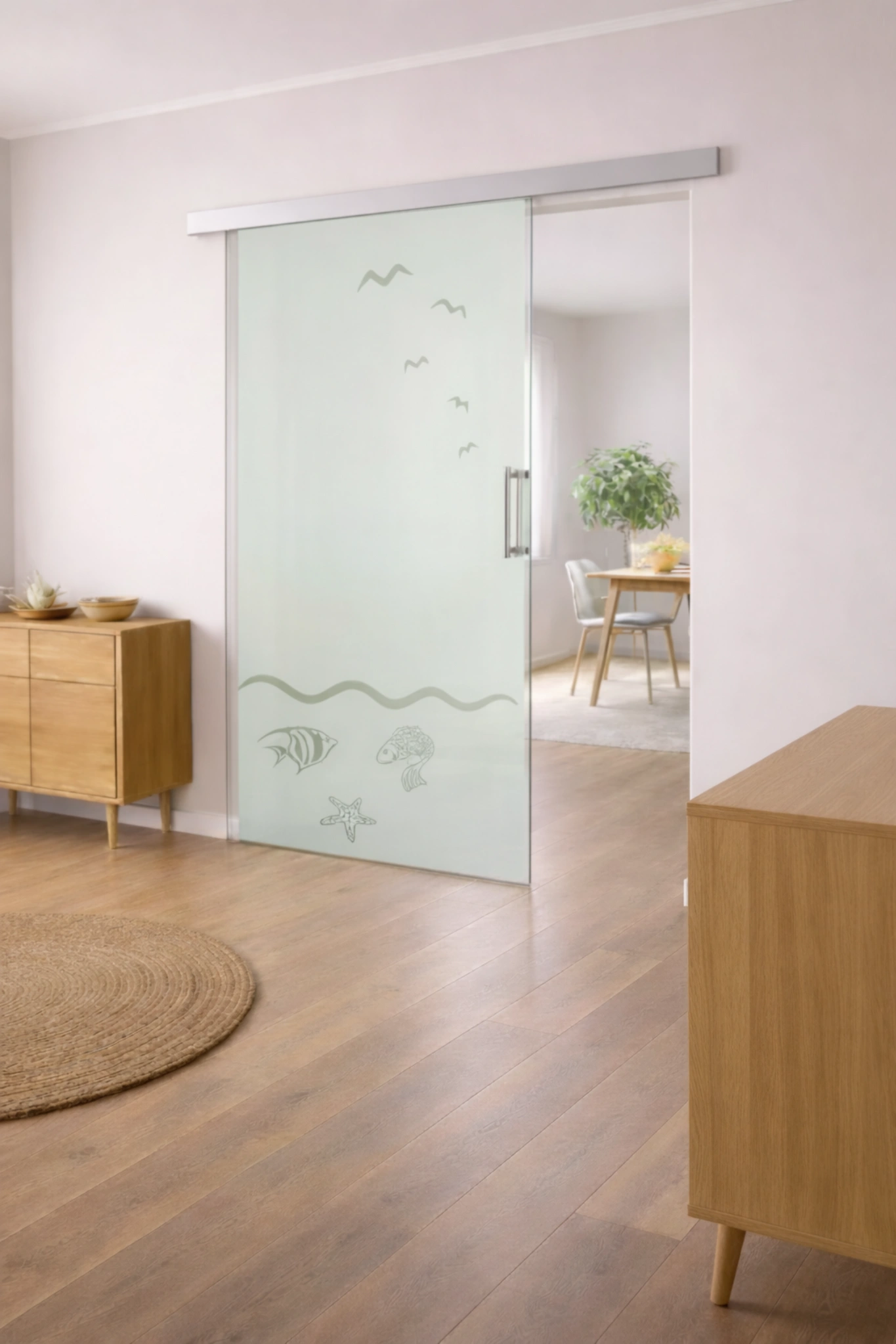 Schiebetür aus ESG Klarglas 8 mm mit Sandstrahlmotiv 7 Seas für Innenräume nach Maß gefertigt
