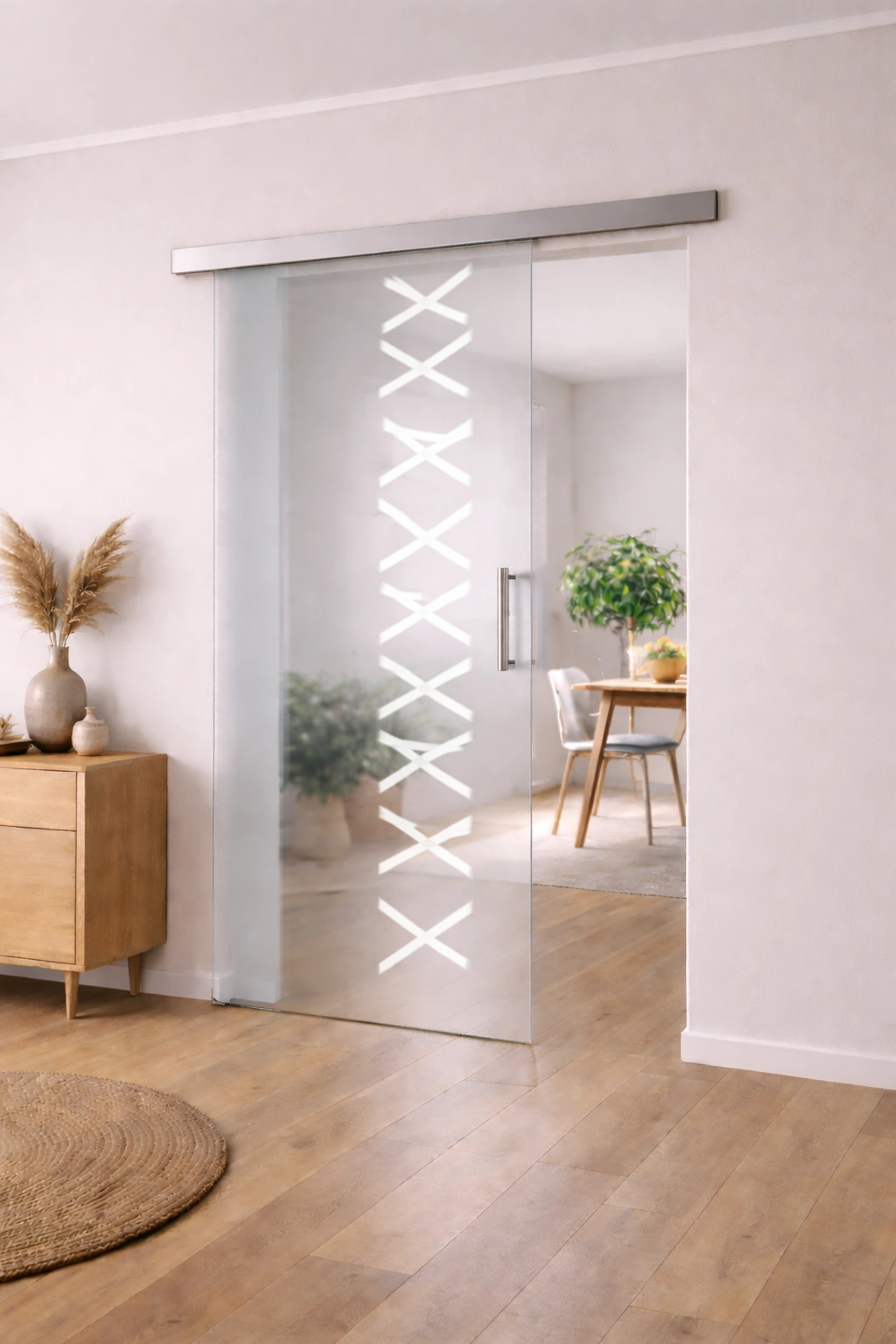 Schiebetür aus ESG Klarglas 8 mm mit Sandstrahlmotiv Mikado für Innenräume nach Maß gefertigt