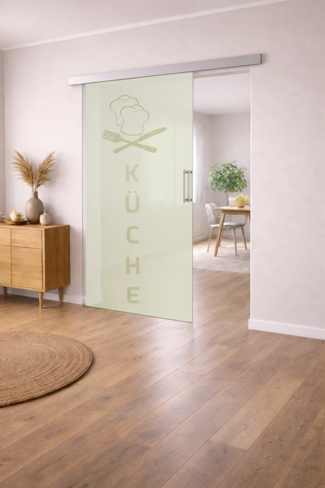 Schiebetür aus ESG Klarglas 8 mm mit Sandstrahlmotiv Meisterküche für Innenräume nach Maß gefertigt