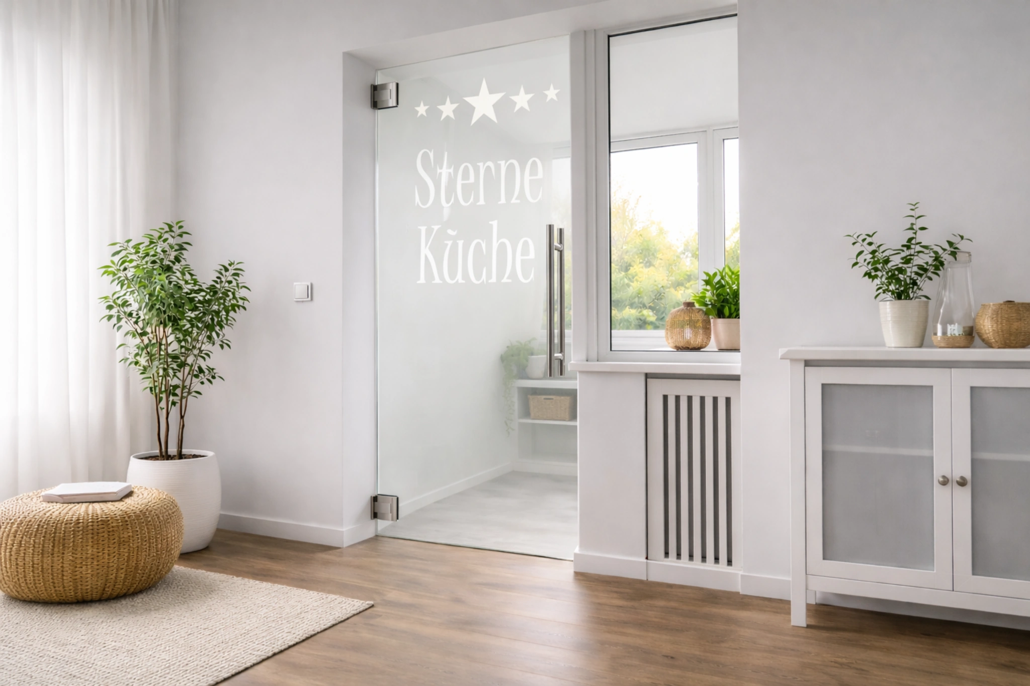 Pendeltür aus Glas mit Motiv Sterneküche als moderne Innentür