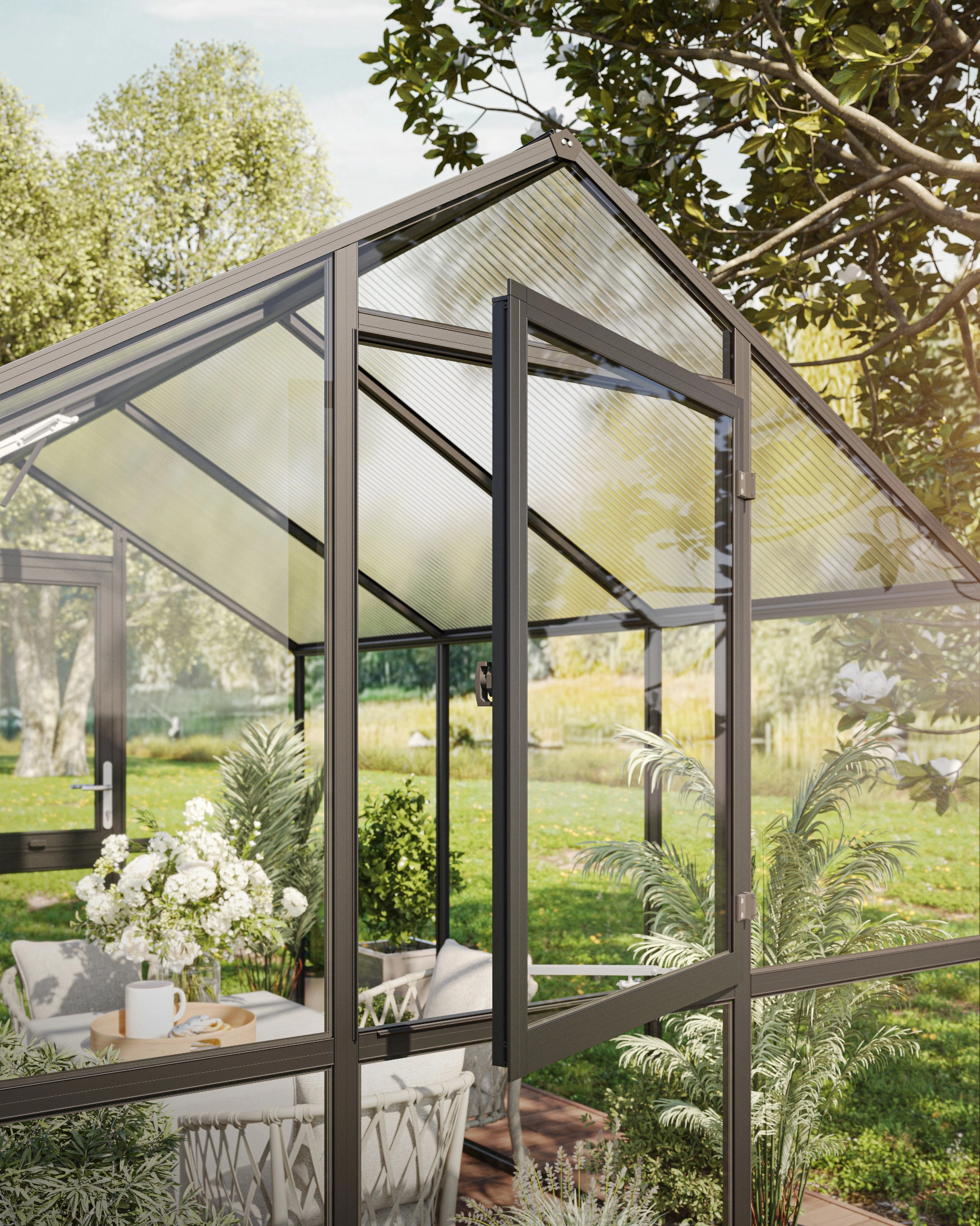 Glas Gewächshaus aus Aluminium mit ESG Sicherheitsglas als langlebiges Gewächshaus Aptasia IV für Gartenpflanzen