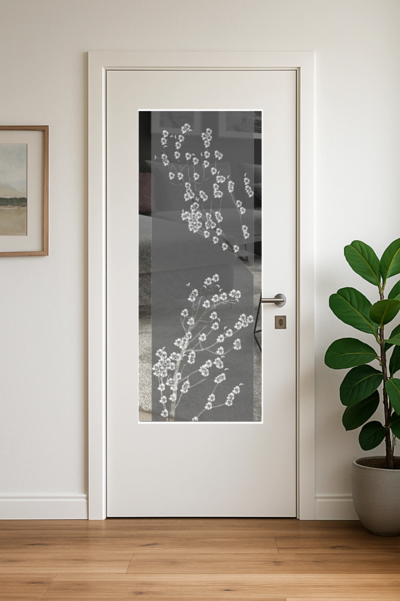 Glaseinsatz aus ESG Klarglas 4 mm mit Lasermotiv MG 1.2014 für Türen nach Maß